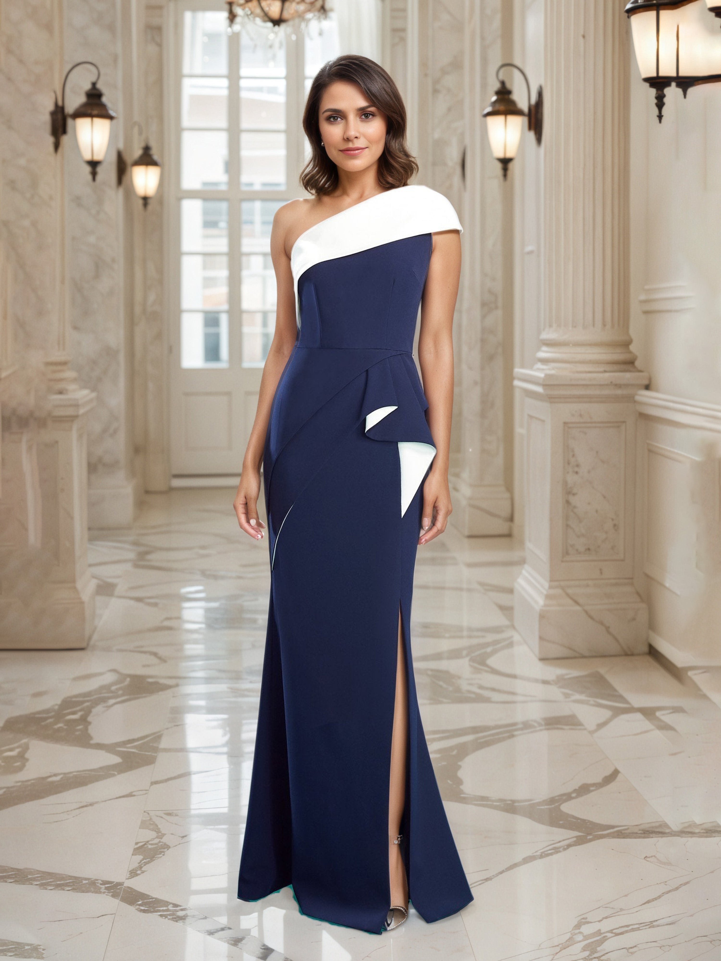 Robe de Soirée BLEU_MARINE et Blanc Seule épaule Fourreau Robe Asymétrique à Volants à la Taille