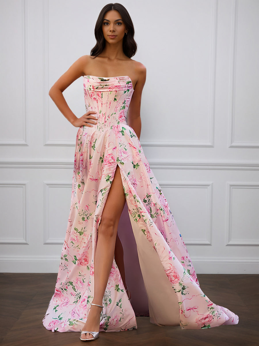 Cicinia ROSE PALE Robe de Soirée Longue en Tissu Imprimé A-Line Fente sans Bretelles