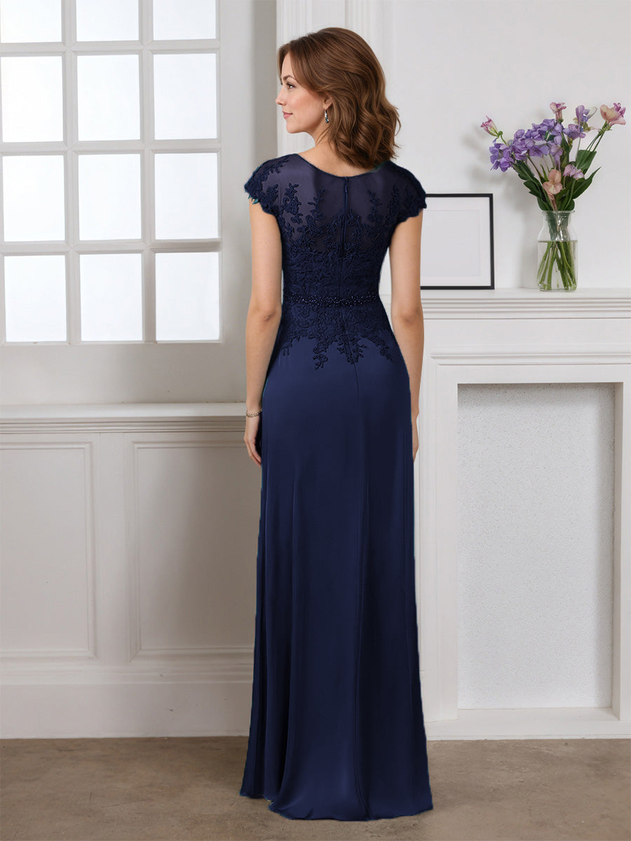 Cicinia Bleu Marine Foncé Robe pour Mère de la Mariée Longue Fourreau Décolleté en V Appliqués Dentelle