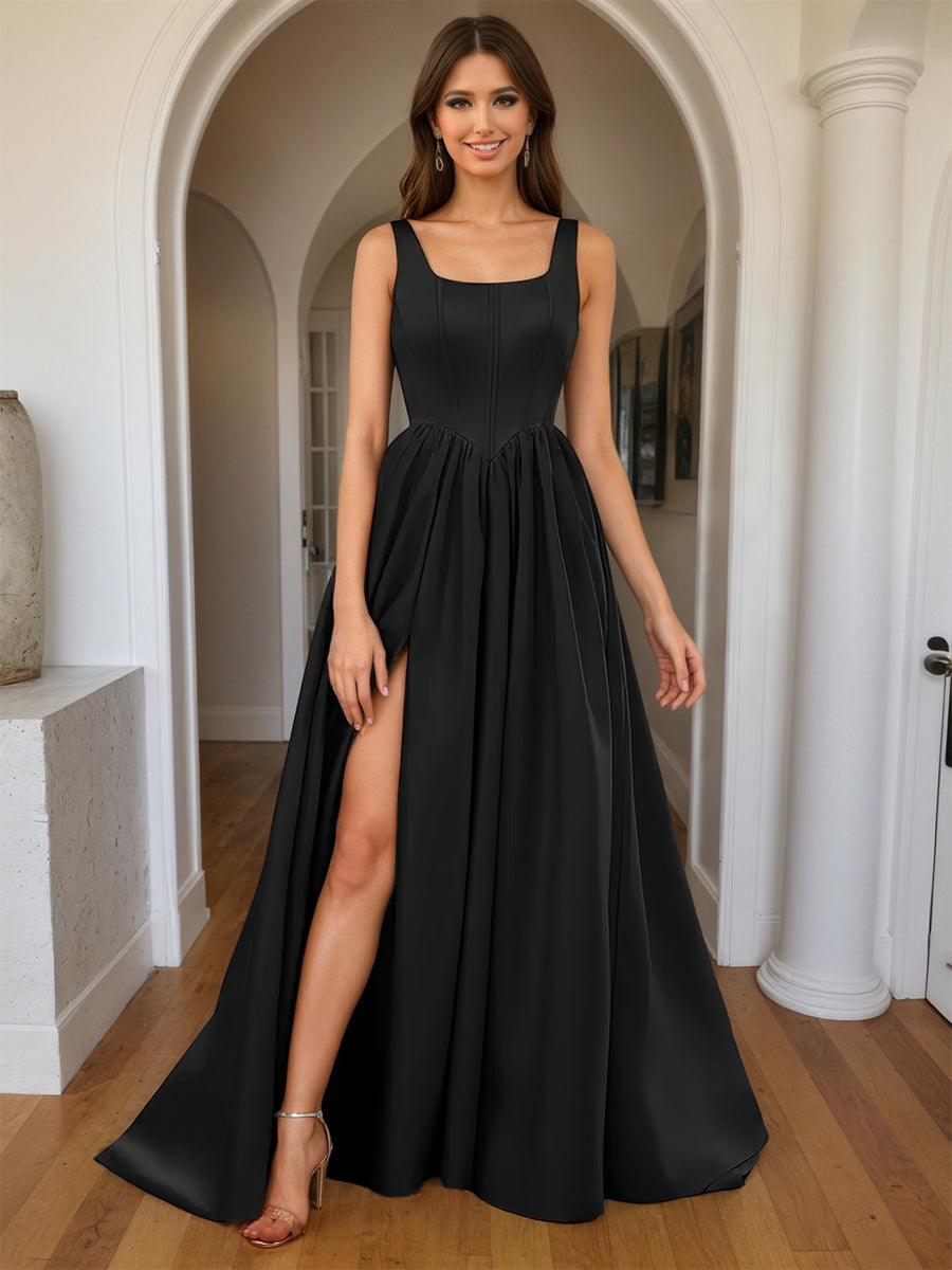 Cicinia Robe de Soirée Noir Longue A-Line en Satin Décolleté Carré Ravissante