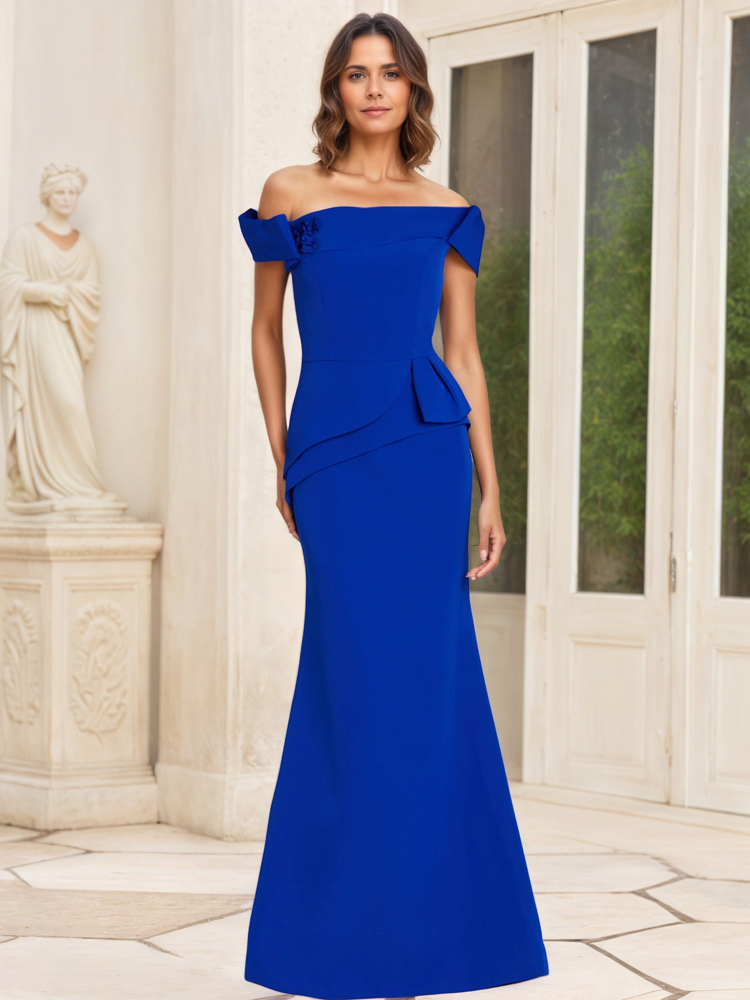 Robe Mère de la Mariée BLEU_ROYALE Fourreau/Colonne à Épaules Dénudées
