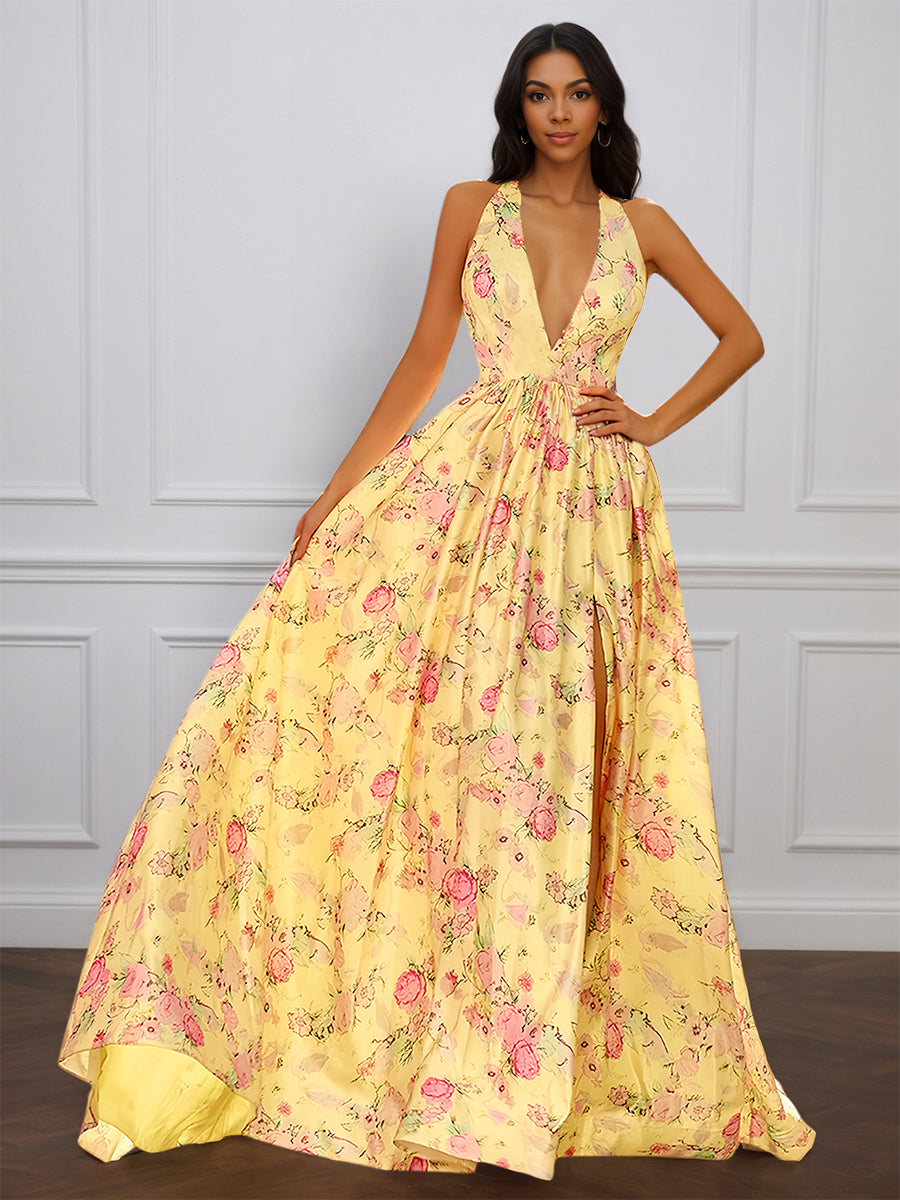 Cicinia Jaune Robe de Soirée Longue en Tissu Imprimé A-Line Décolleté en V Plongeant Dos Nud Halter