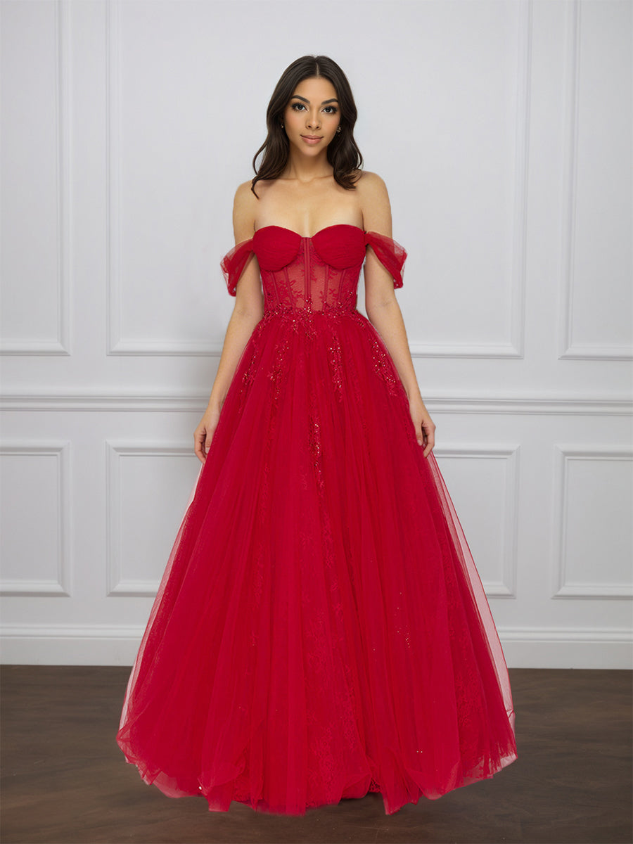 Cicinia Rouge Robe de Soirée Longue en Tulle A-Line Décolleté Une Épaule Longueur Sol