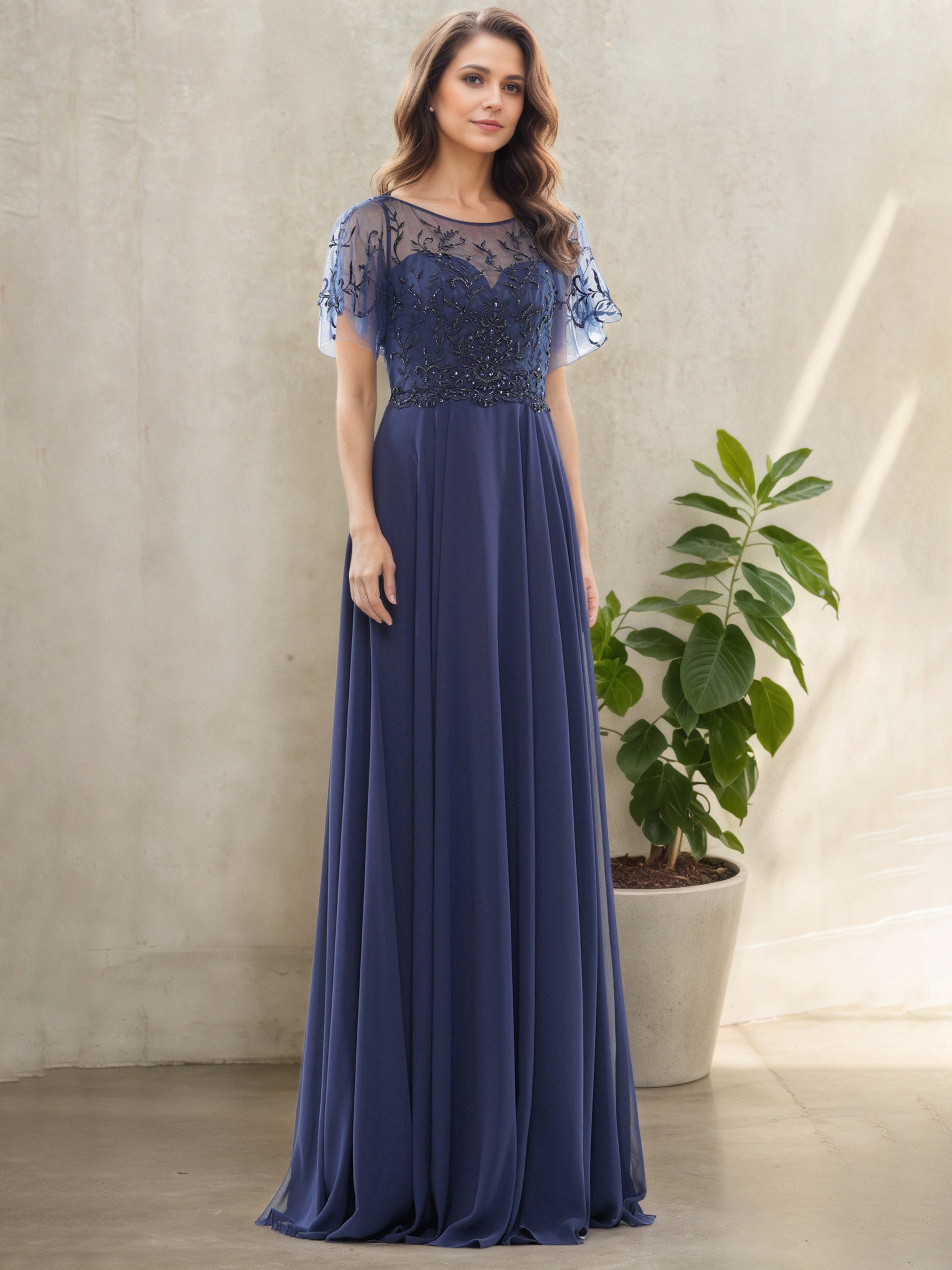 Robe Mère de la Mariée Bleu Marine Silhouette A-Line à Encolure Transparente