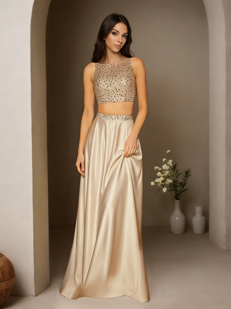 Cicinia Champagne Robe de Soirée Longue en Satin à Paillettes A-Line 2 Pièces Longueur Sol