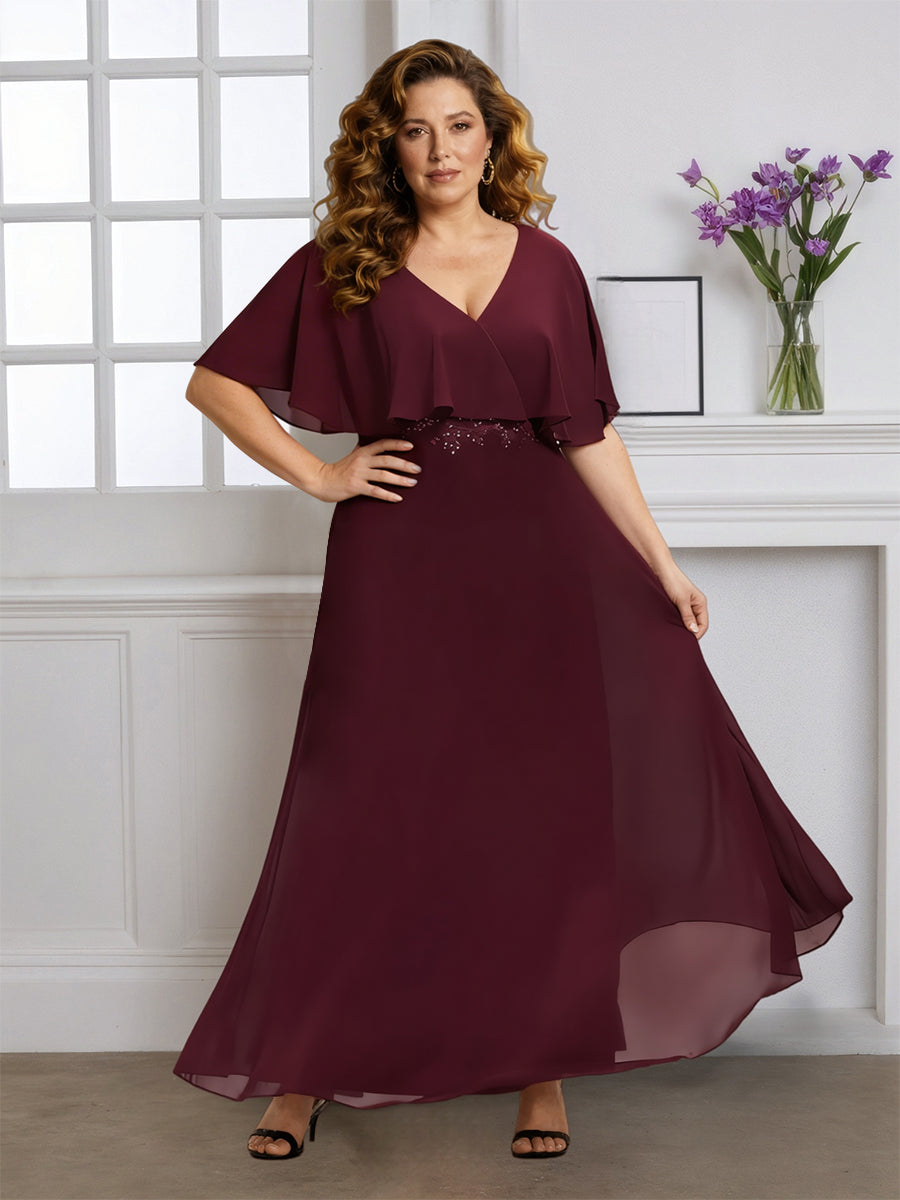 Cicinia Robe pour Mère de la Mariée CABERNET Grande Taille Longue A-Line en Mousseline Décolleté en V Manches Papillons