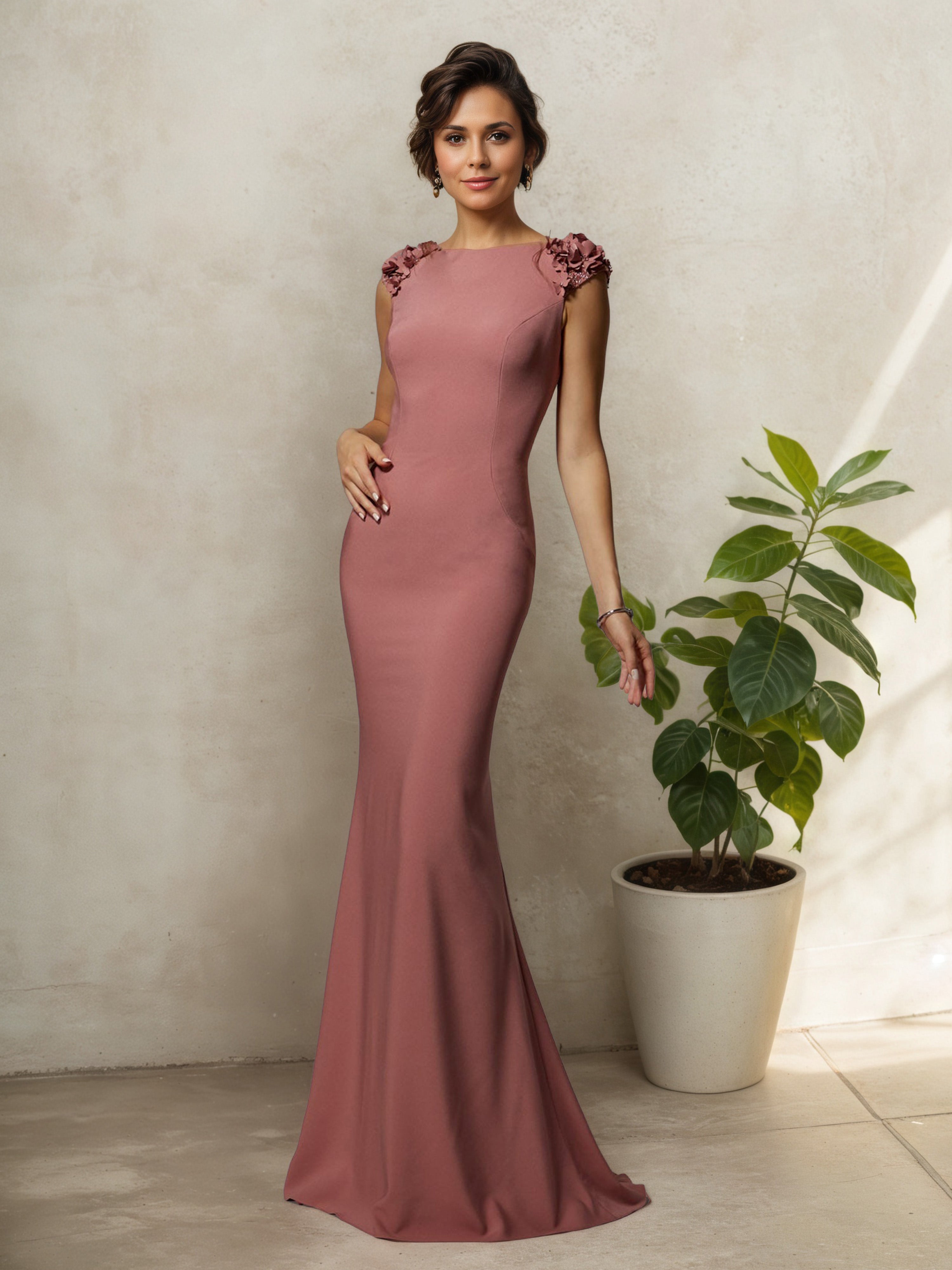 Robe Mère de la Mariée Caméo_Marron Trompette/Sirène à Manches Ballon Fleuries avec Traîne Balayage