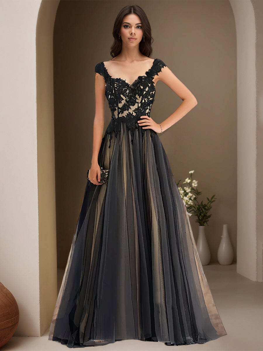 Cicinia Noir Robe de Soirée Longue en Tulle Appliqués Dentelle A-Line Traîne Balayée