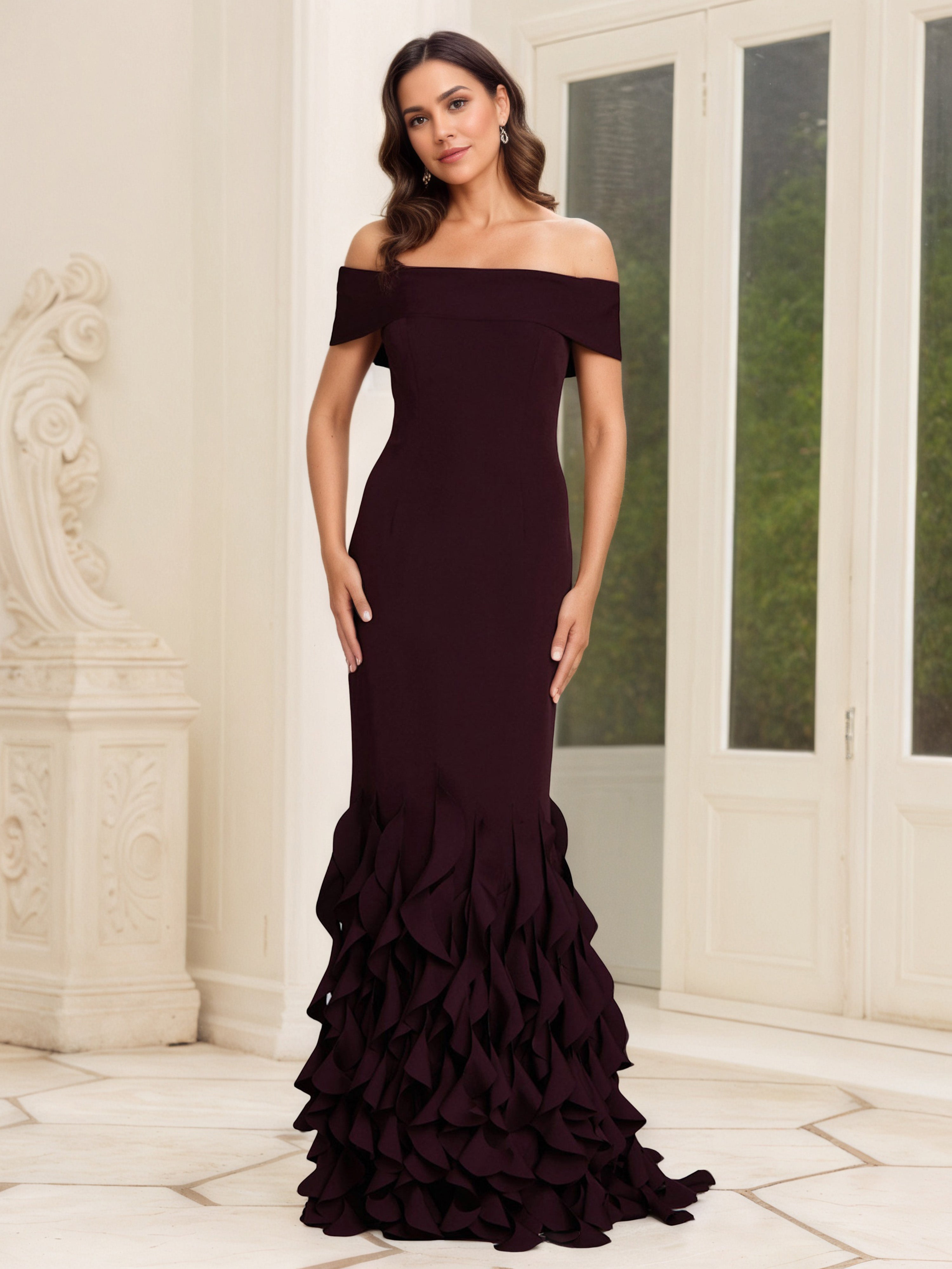 Robe Mère de la Mariée CABERNET à Épaules Dénudées avec Jupe à Superpositions