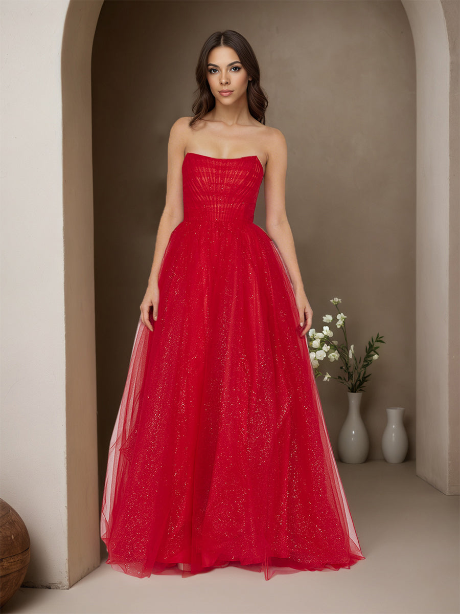 Cicinia Rouge Robe de Soirée Longue en Tulle A-Line sans Bretelles Traîne Balayée