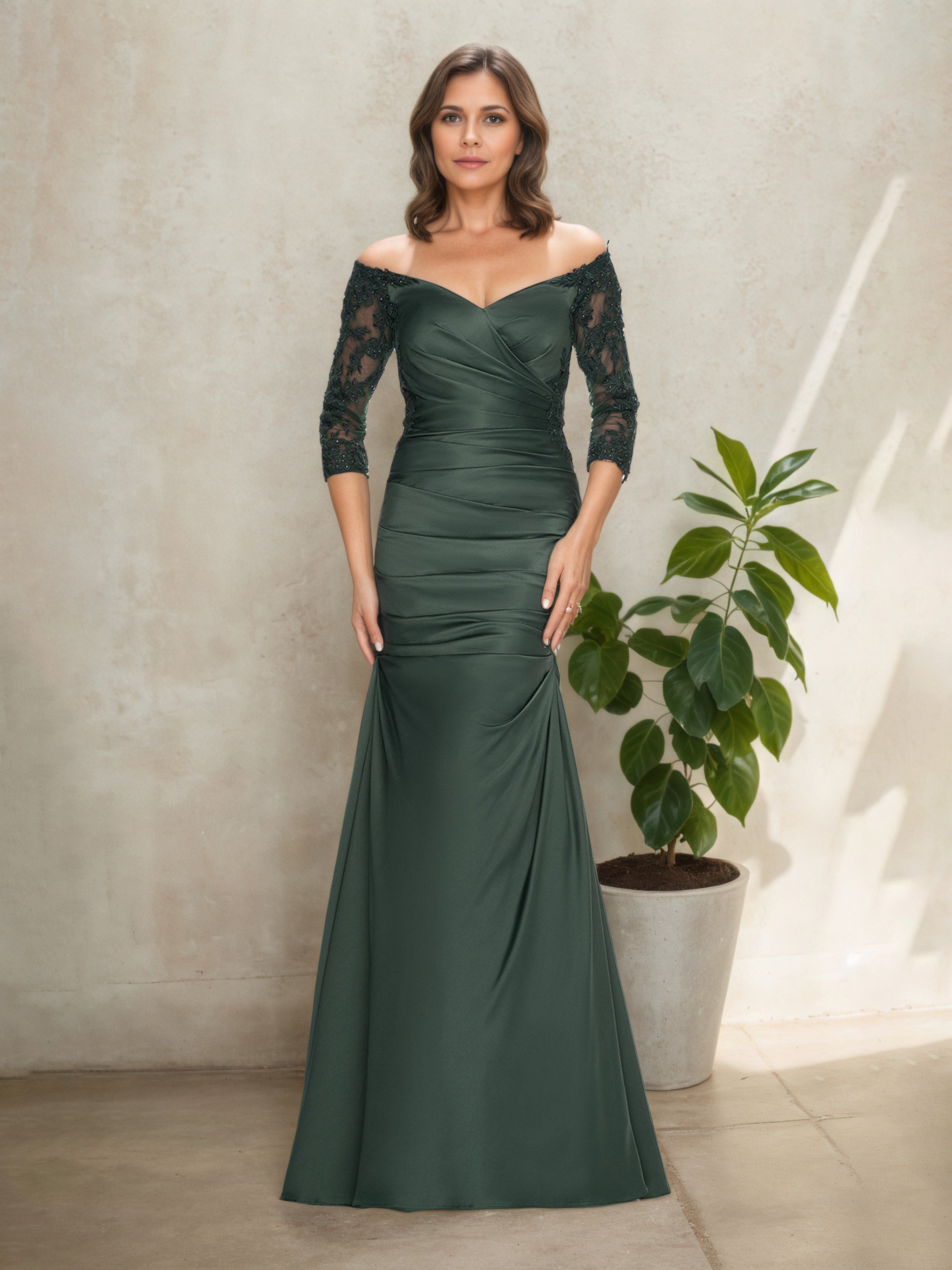 Robe Mère de la Mariée Émeraude Foncé à Épaules Dénudées Manches Longues avec Effet Plissé