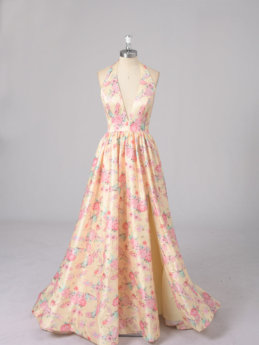 Cicinia Jaune Robe de Soirée Longue en Tissu Imprimé A-Line Décolleté en V Plongeant Dos Nud Halter