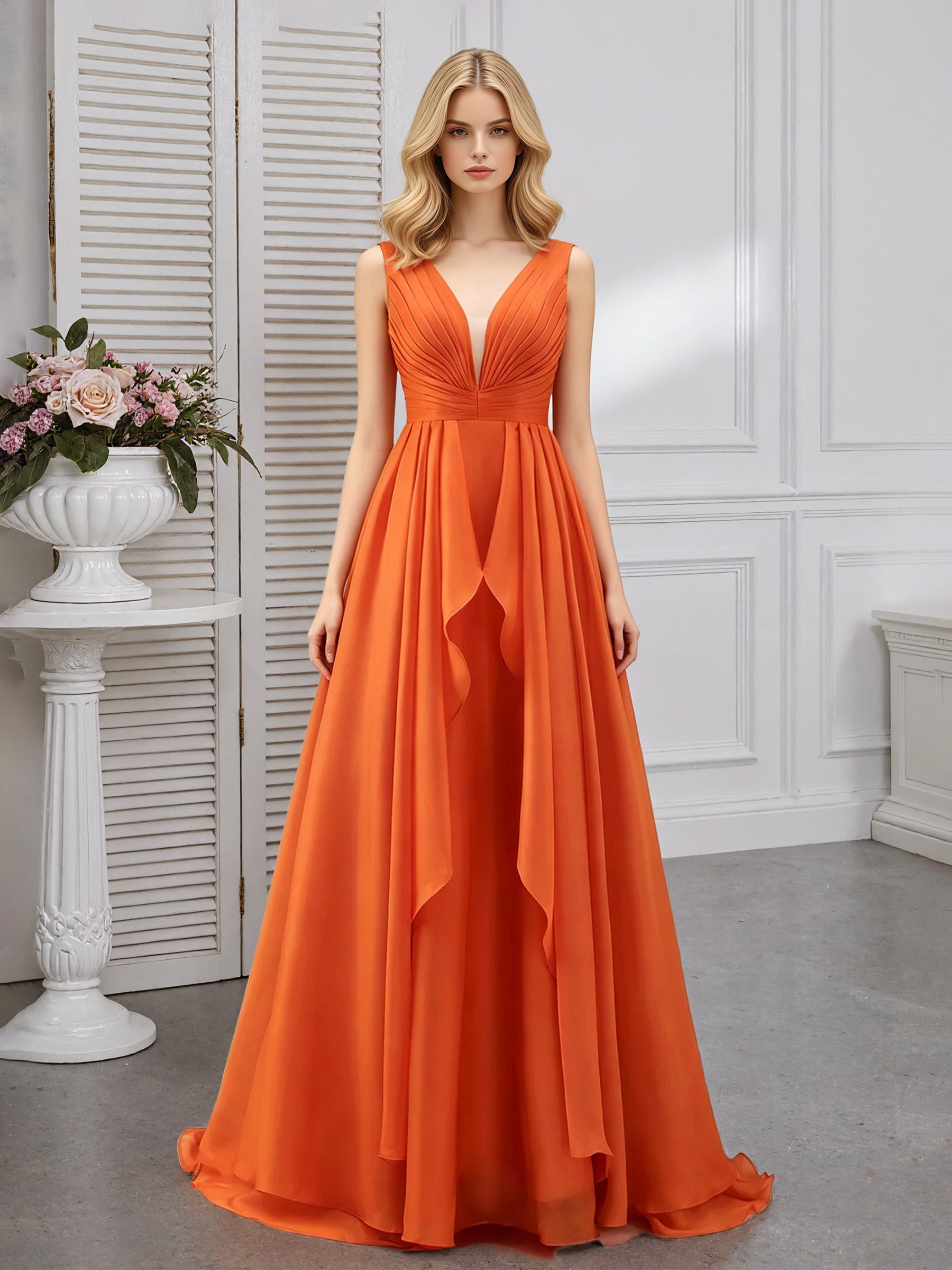 Cicinia Orange Brûlé Robe Demoiselle d'Honneur Longue A-Line Décolleté en V sans Manches avec Traîne Balayée