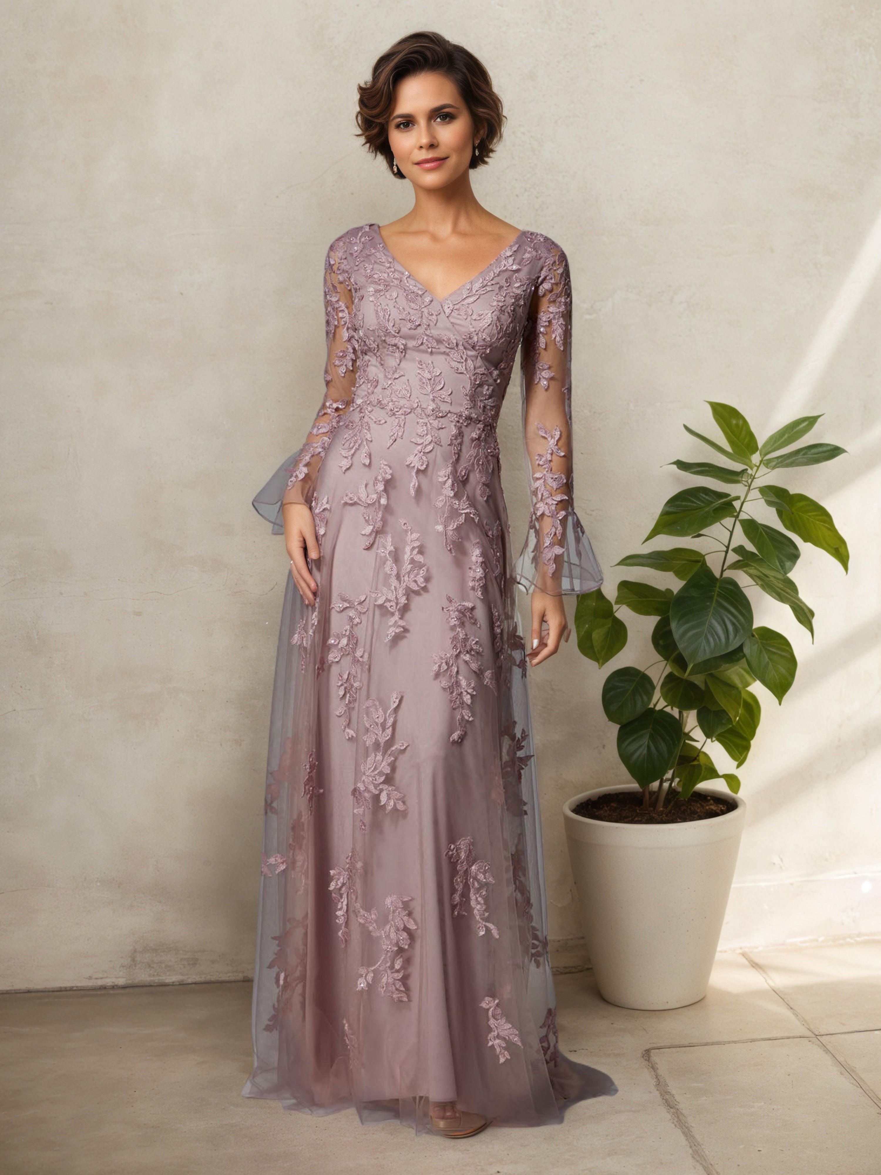 Robe Mère de la Mariée VINTAGE_MAUVE Silhouette Trumpet à Décolleté en V avec Manches Évasées