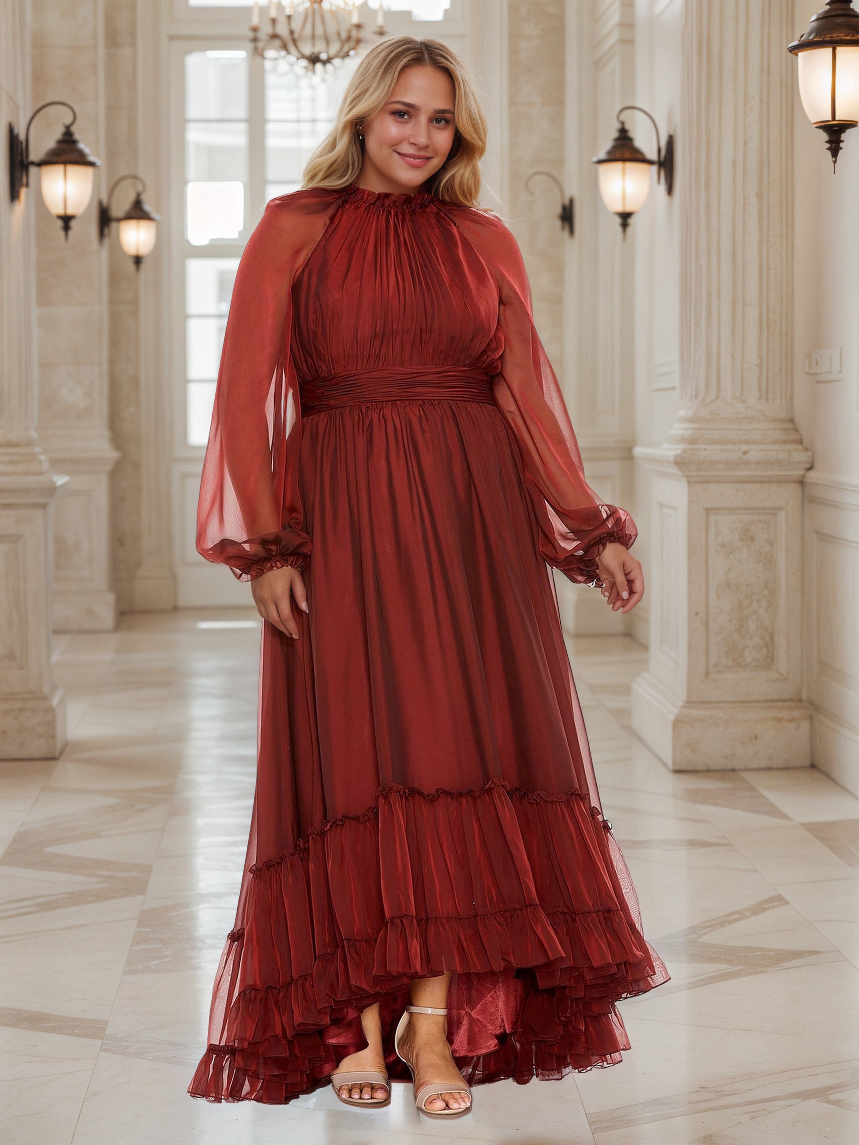 Robe de Bal Rouille à Encolure Col Claudine Grande Taille Coupe A-Line Asymétrique avec Manches Illusion et Superpositions