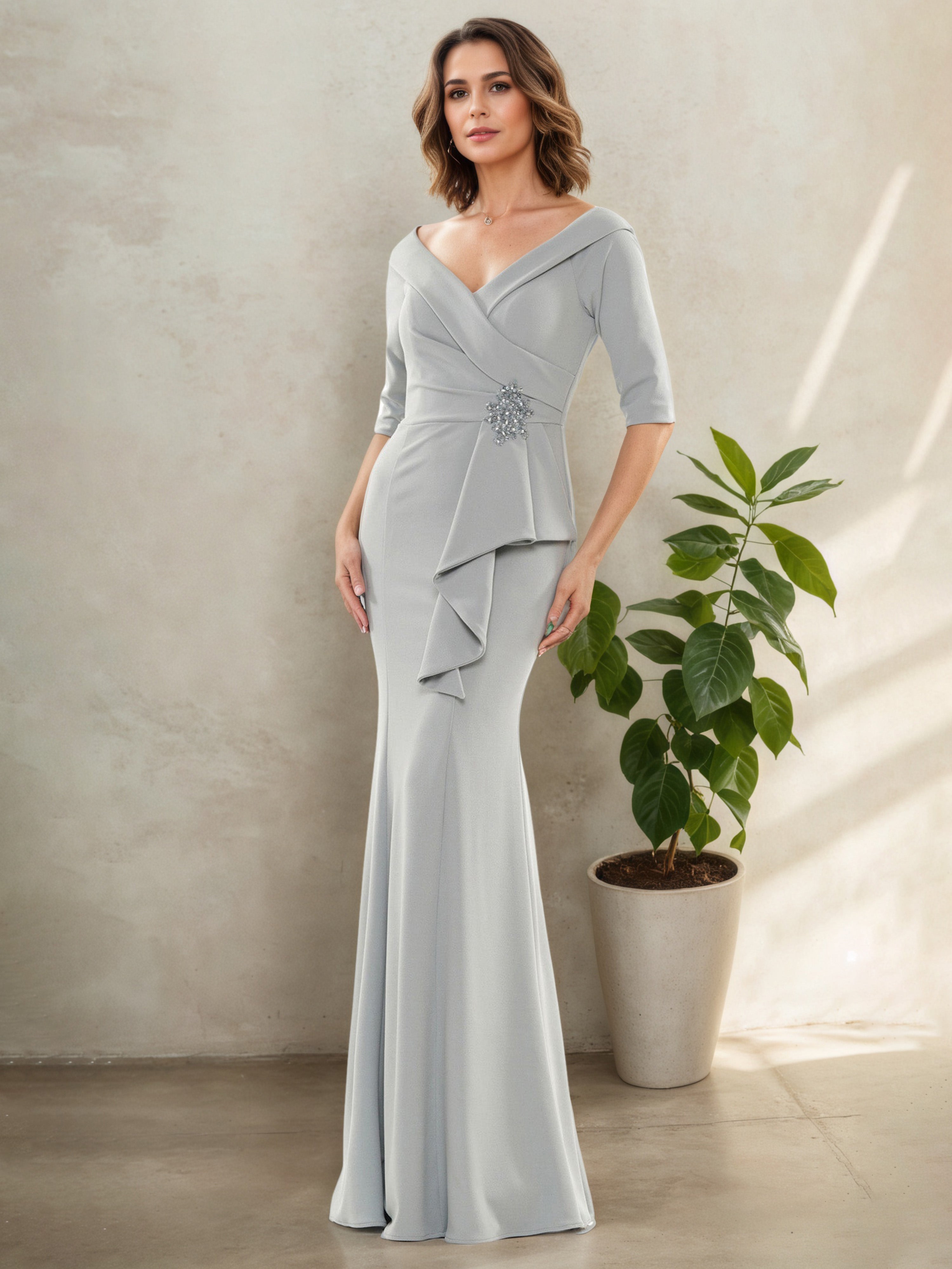 Robe Mère de la Mariée Argentée à Décolleté en V Manches Demi-Longues Brodées de Perles