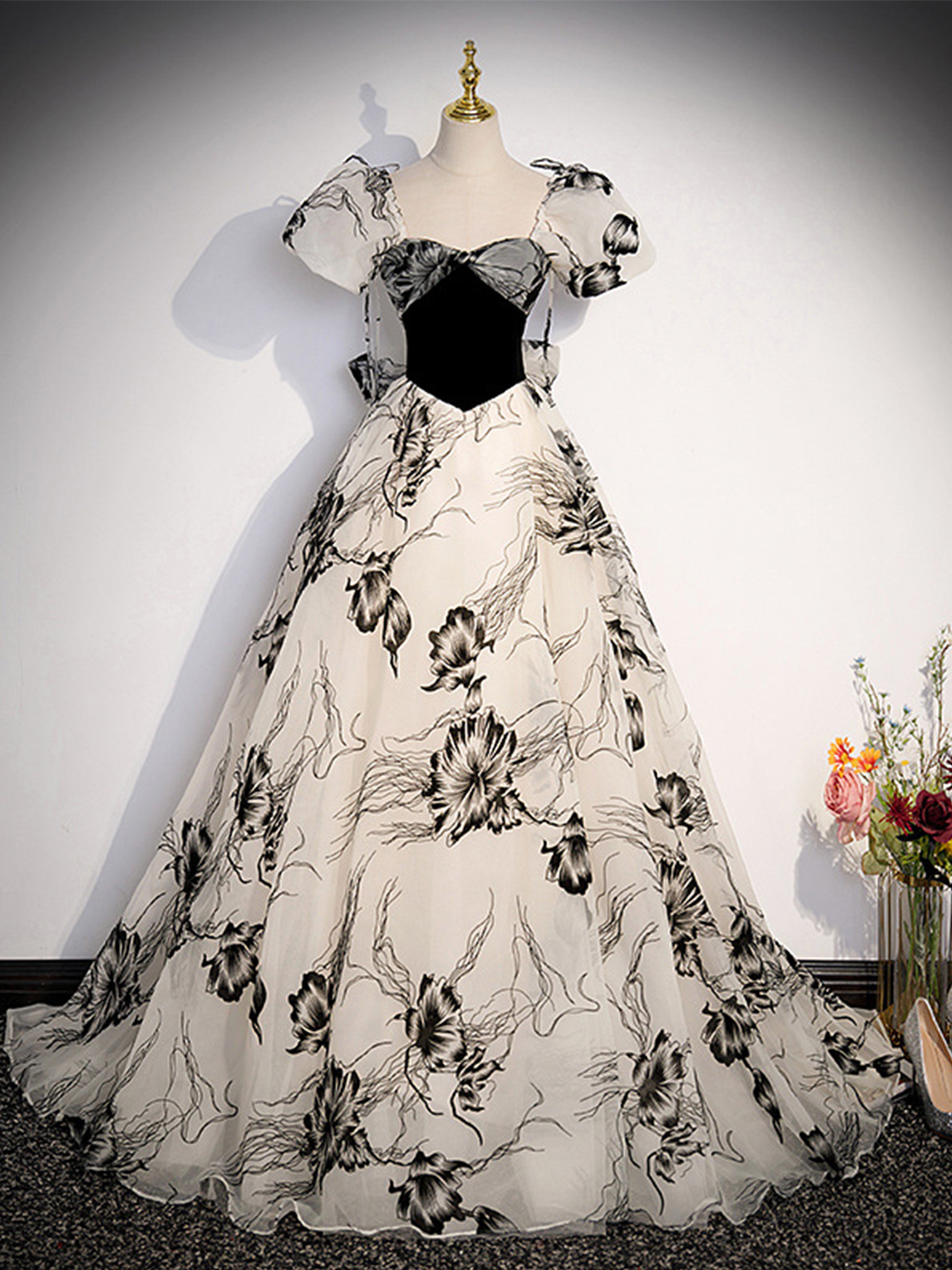 2 Pièces Trapèzes Col Cœur Manches Bouffantes Longueur Ras de la Cheville Robe Invitée de Mariage en NOIR