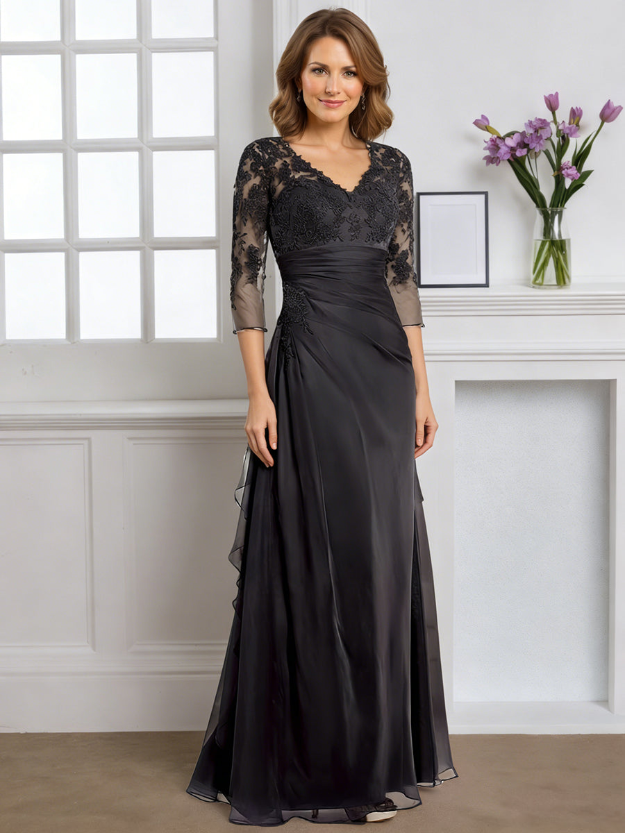 Cicinia Noir Robe pour Mère de la Mariée Longue Fourreau Décolleté en V Manches Trois-Quarts Longueur Sol