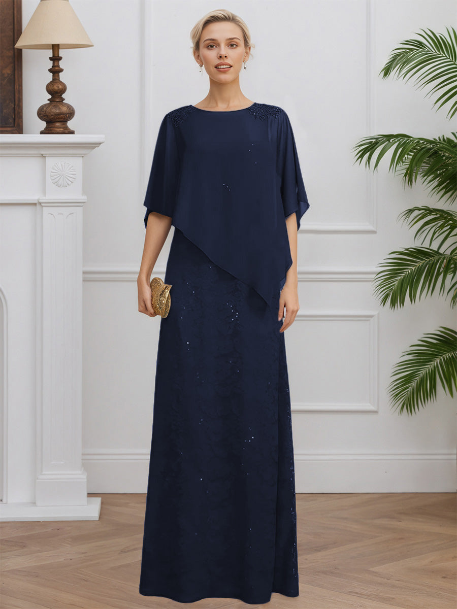 Cicinia Bleu Marine Robe pour Mère de la Mariée Longue en Mousseline et Dentelle Longueur Sol Élégante