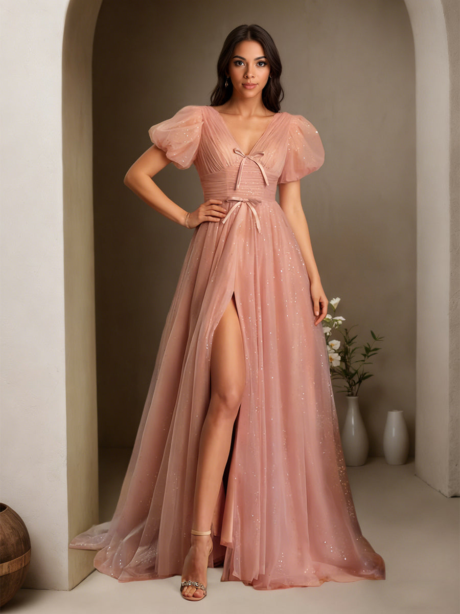 Cicinia Rose Poussiéreux Robe de Soirée Longue en Tulle Scintillant A-Line Manches Bouffantes Col V