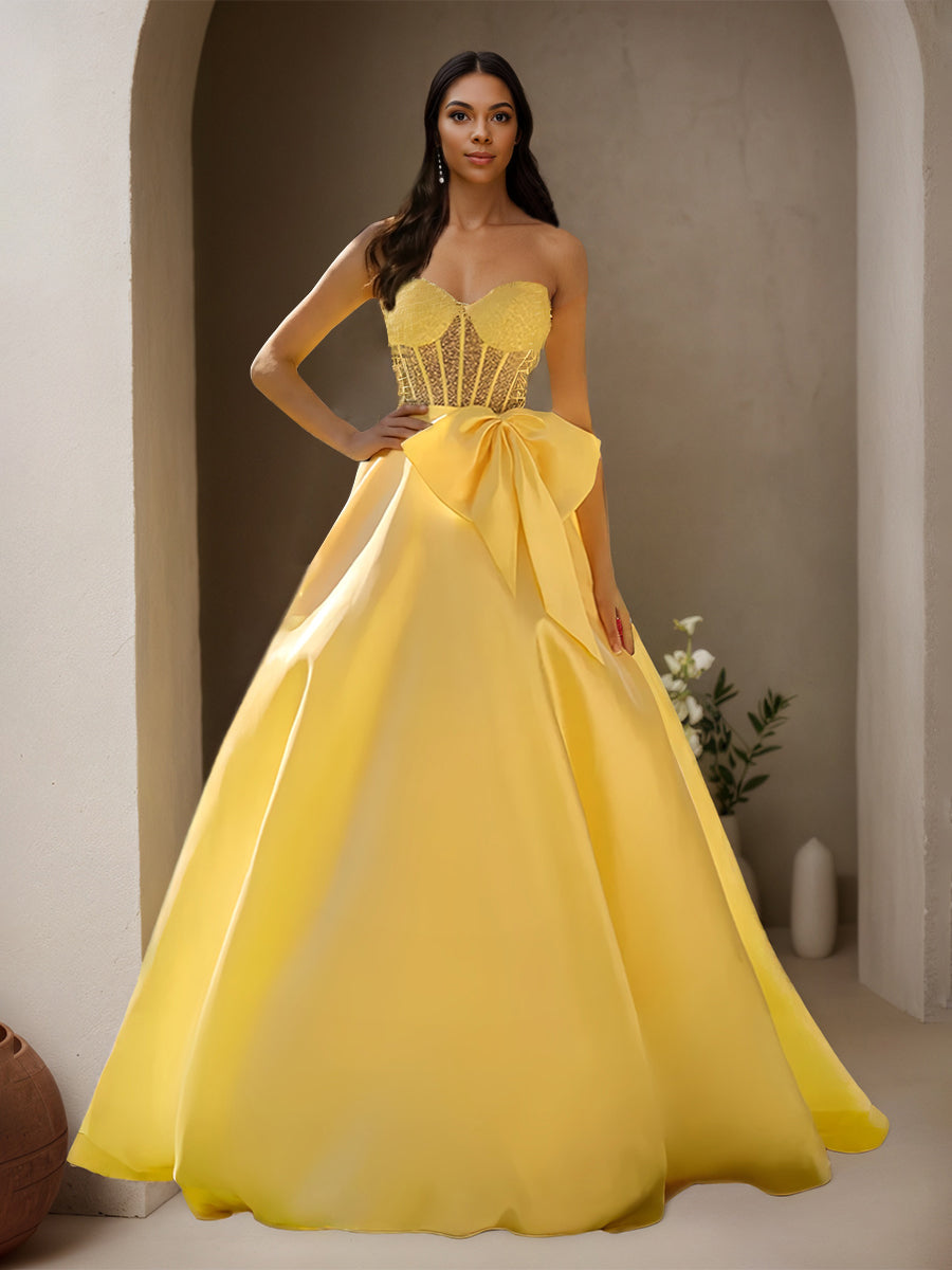 Cicinia Jaune Robe de Soirée Longue en Satin A-Line Longueur Sol Perlé Décolleté Cœur avec Nœud Papillon