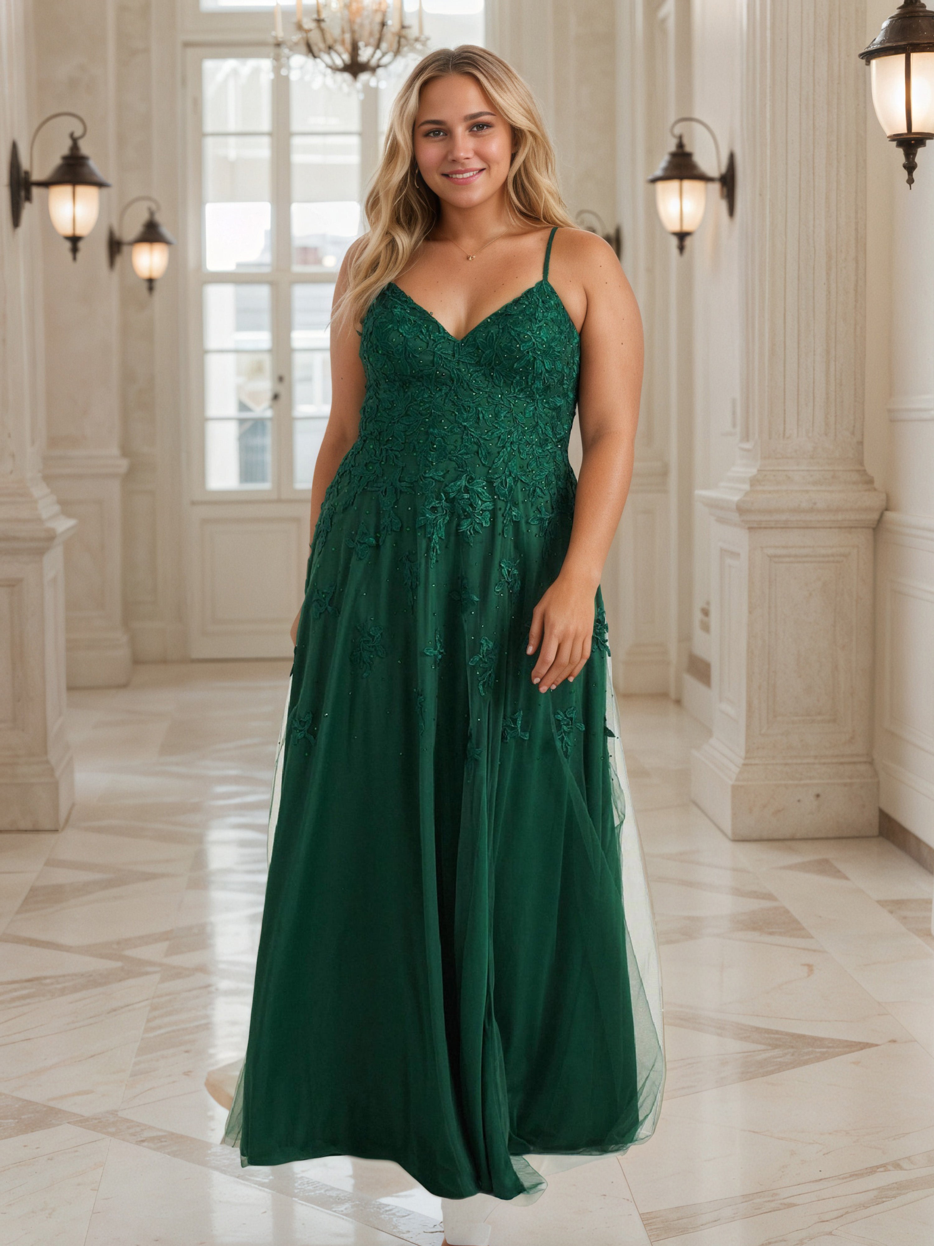 Robe de Bal VERT_FONCE Sans Manches à Bretelles Spaghetti avec Appliqués Grande Taille Longue