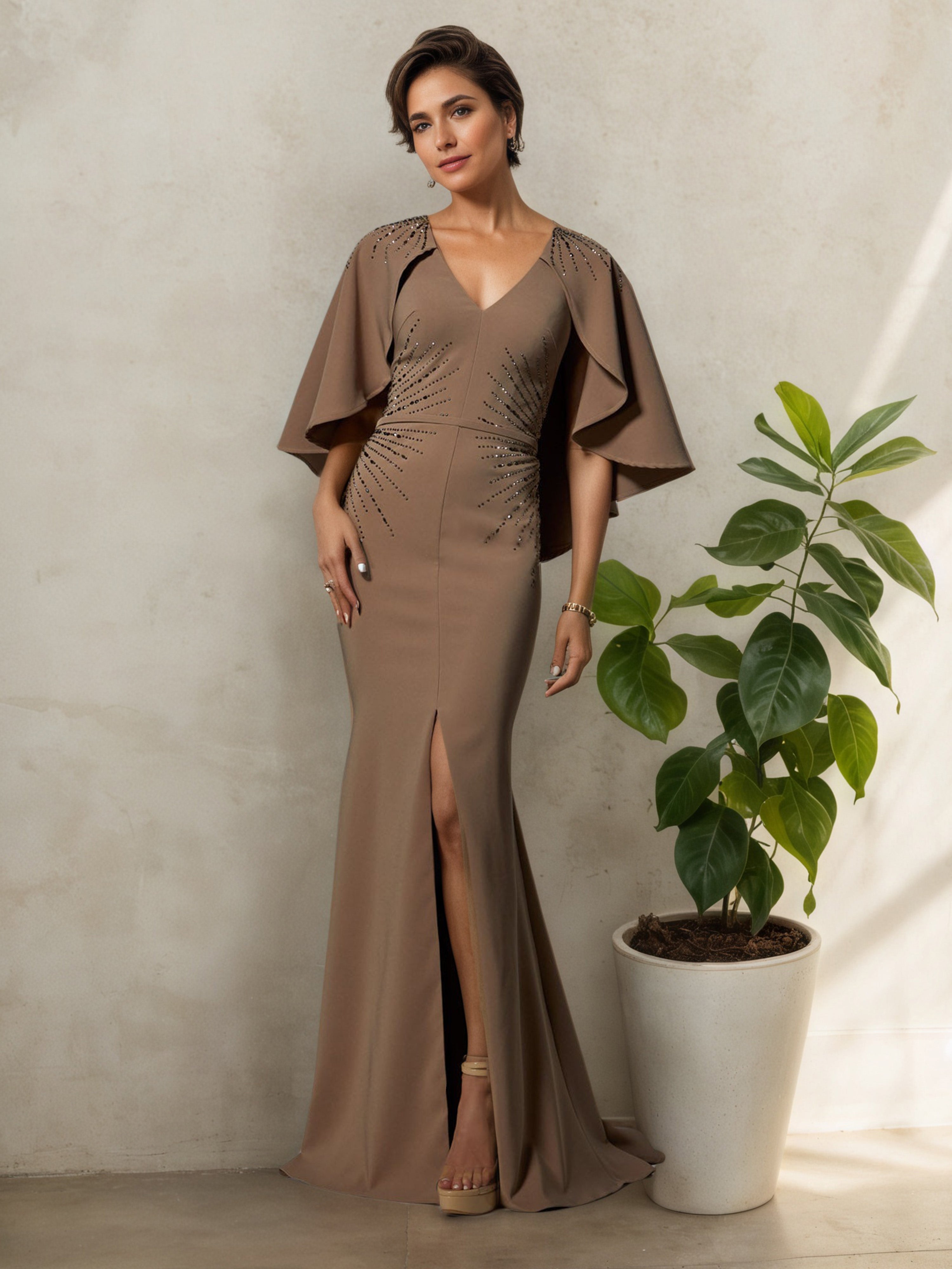 Robe Mère de la Mariée MOKA Silhouette Trompette/Sirène à Décolleté en V avec Châle