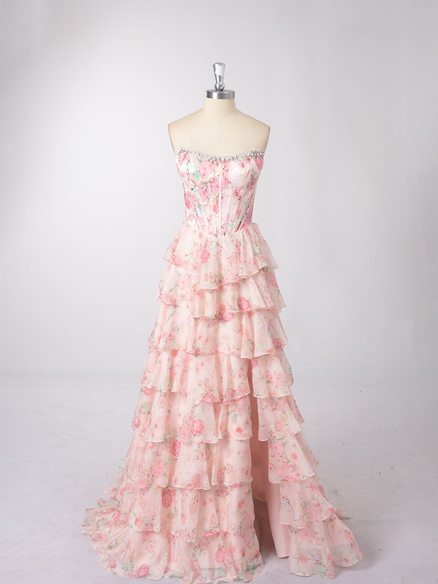 Cicinia ROSE PALE Robe de Soirée Longue en Tissu Imprimé A-Line sans Manches Fente à Volants