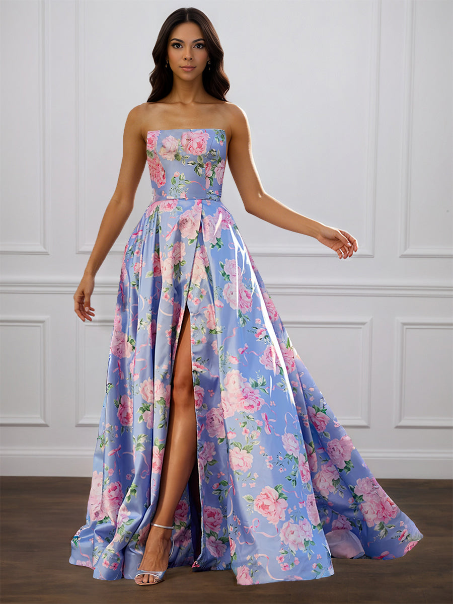 Cicinia Bleu Robe de Soirée Longue en Tissu Imprimé A-Line Fente sans Bretelles Traîne Balayée