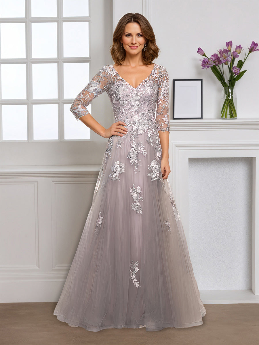 Cicinia Argent Robe pour Mère de la Mariée Longue en Tulle Appliqués Dentelle Longueur Sol