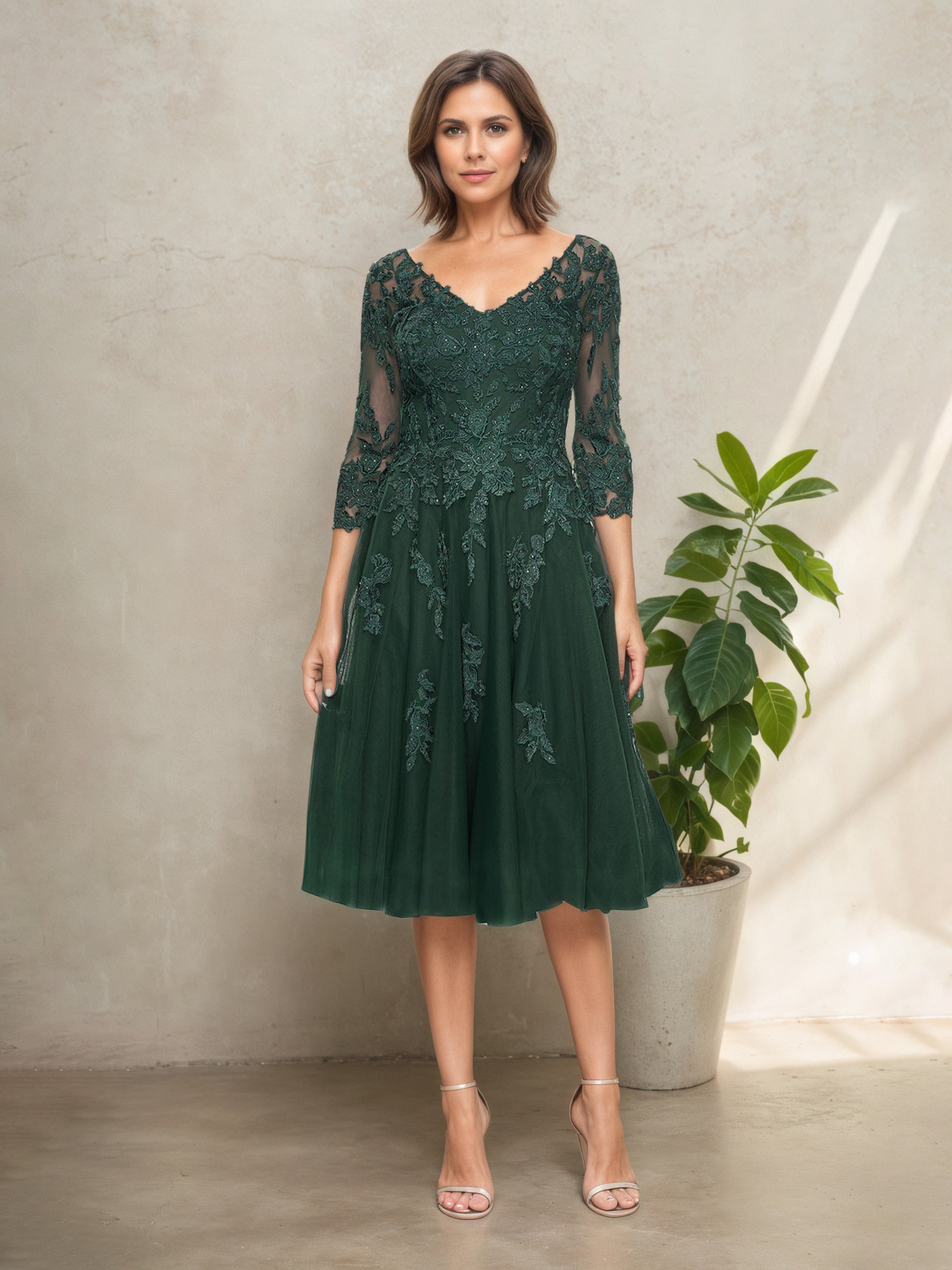 Robe Mère de la Mariée Vert Foncé en Dentelle Corsage à Décolleté en V avec Manches 3/4