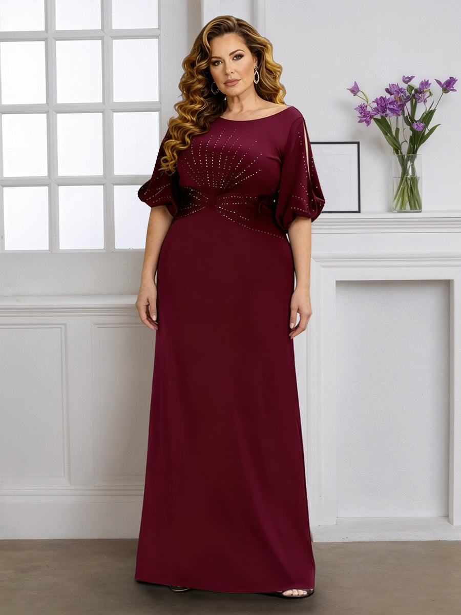 Cicinia Robe pour Mère de la Mariée BORDEAUX Longue en Tissu Extensible Fourreau Perlé Longueur Sol Gande Taille