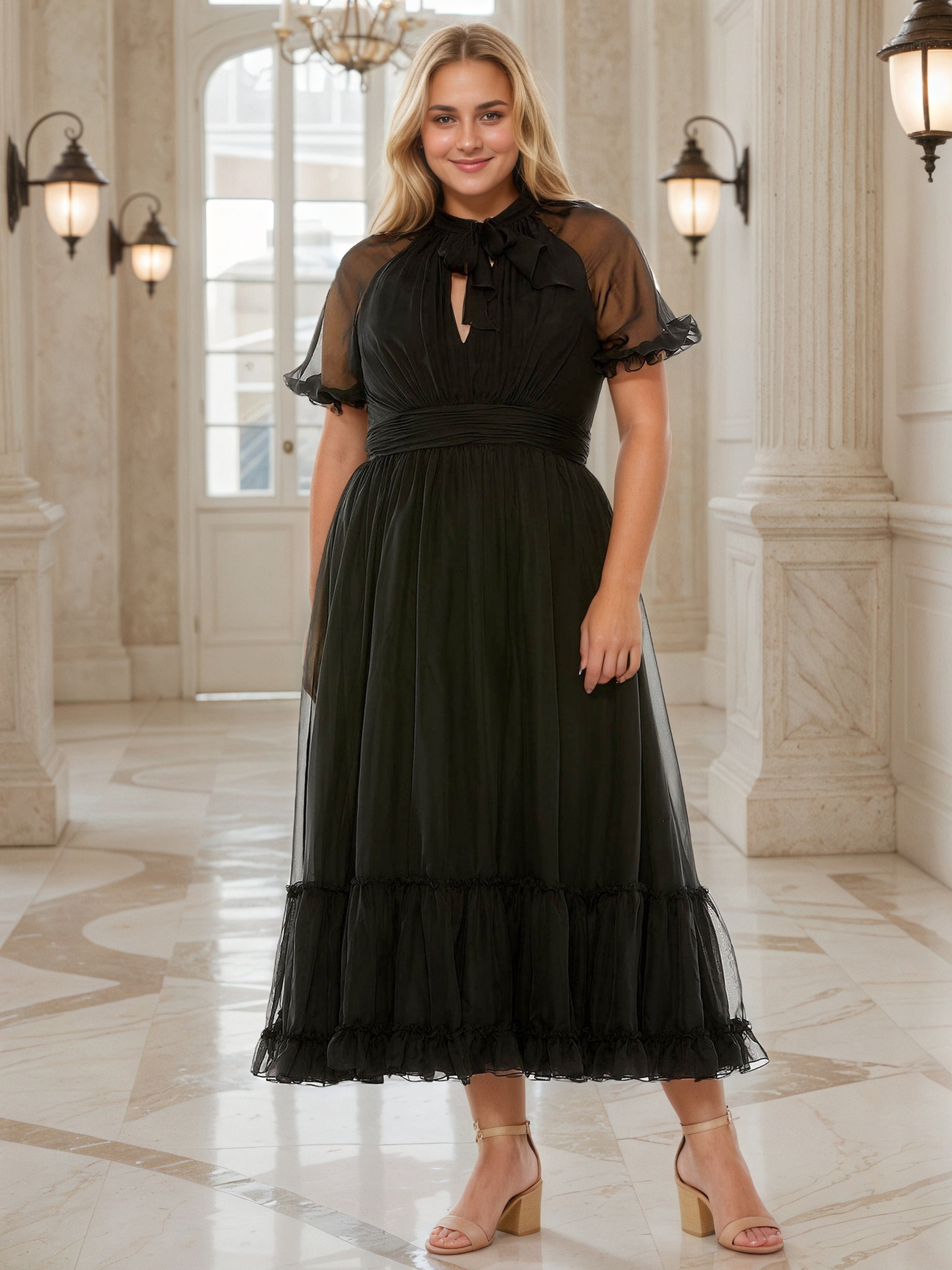 Robe de Bal Noire à Encolure Col Claudine Grande Taille Coupe A-Line Mi-Longue à Manches Courtes