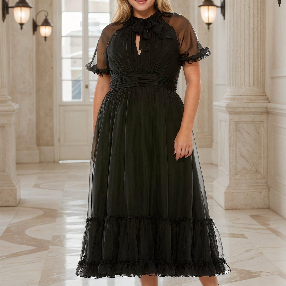 Robe de Bal Noire à Encolure Col Claudine Grande Taille Coupe A-Line M