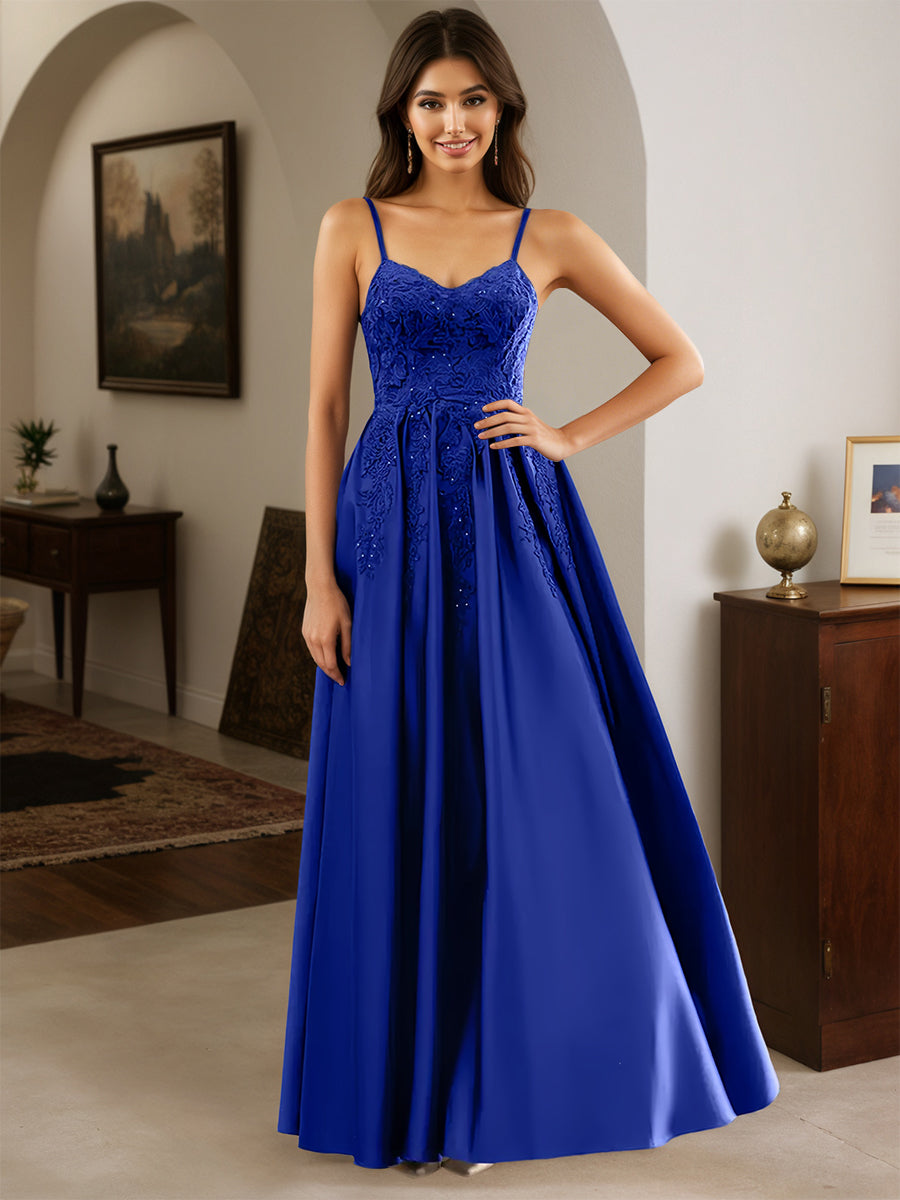 Cicinia Robe de Soirée BLEU ROYALE Longue A-Line en Satin Appliqués Dentelle Longueur Sol