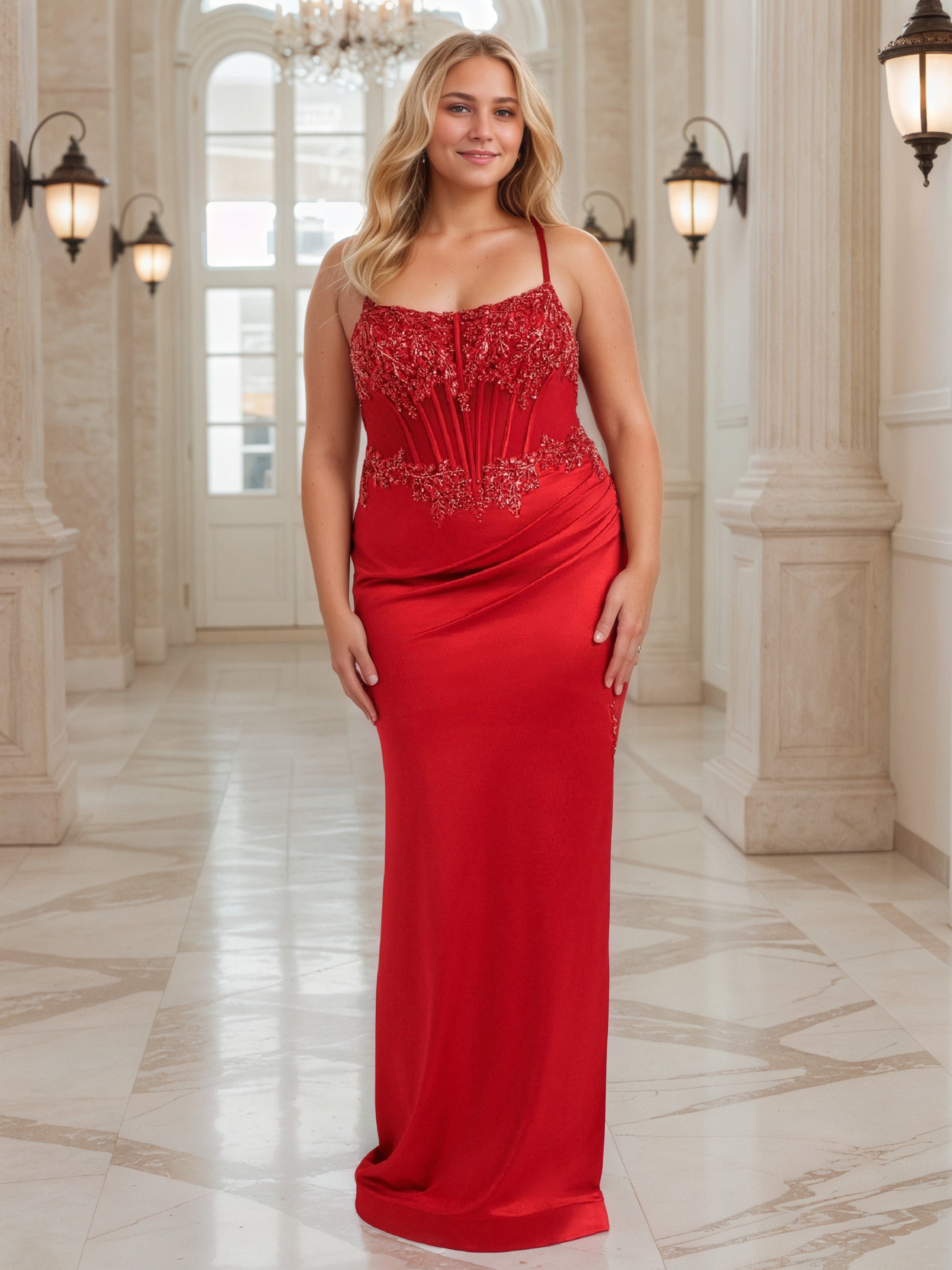Robe de Bal Rouge à Bretelles Spaghetti et Effet Illusion Grande Taille Longue avec Paillettes au Décolleté