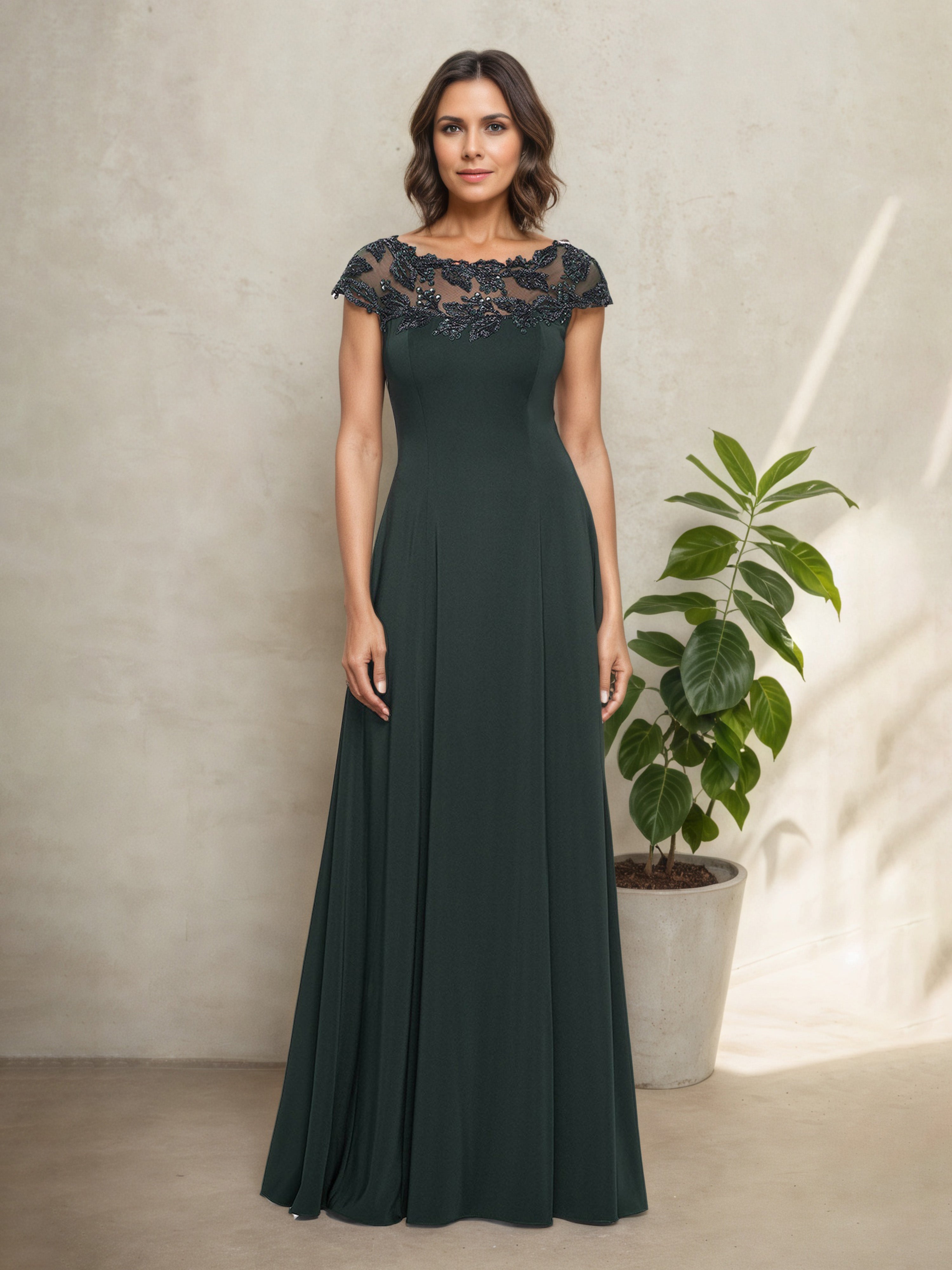 Robe Mère de la Mariée Gunmetal Trapèze Encolure Ronde à Manches Ballon