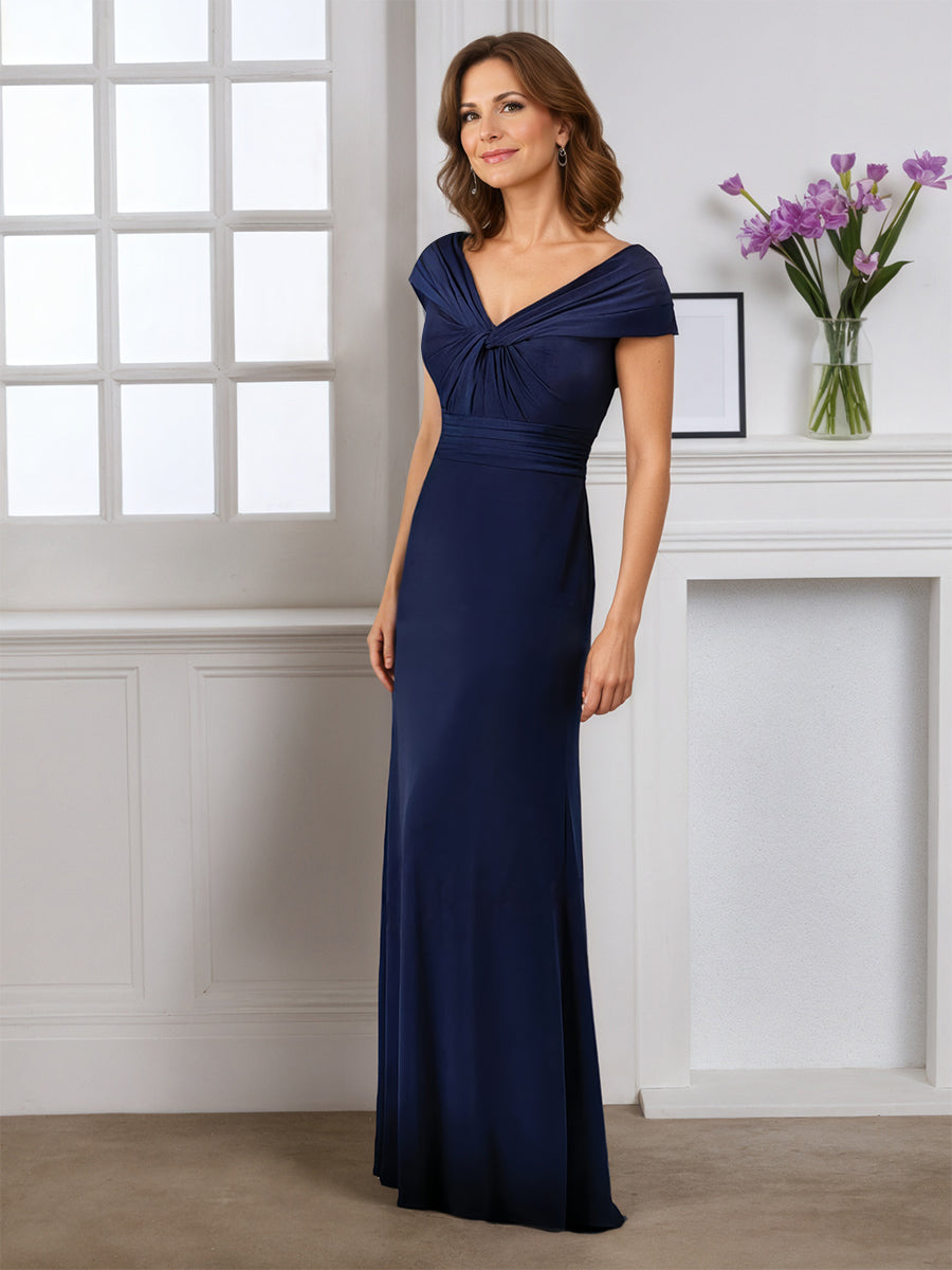 Cicinia Bleu Marine Foncé Robe pour Mère de la Mariée Longue Fourreau Manches Capelines Décolleté en V Chic