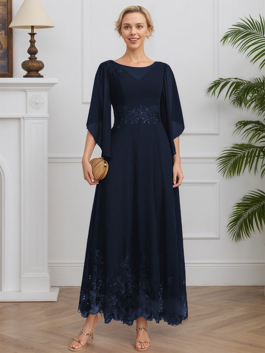 Cicinia Bleu Marine Robe pour Mère de la Mariée Longue en Mousseline et Dentelle A-Line Décolleté en rond