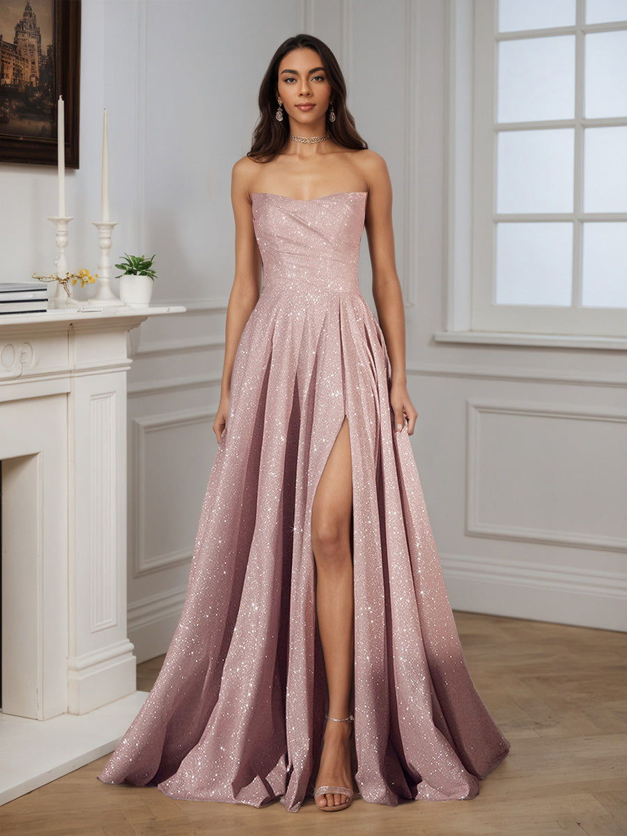 Cicinia Robe de Soirée ROSE POUDRE Longue A-Line à Jupe Plissée sans Bretelles Fente Longueur Sol avec Traîne Gracieuse
