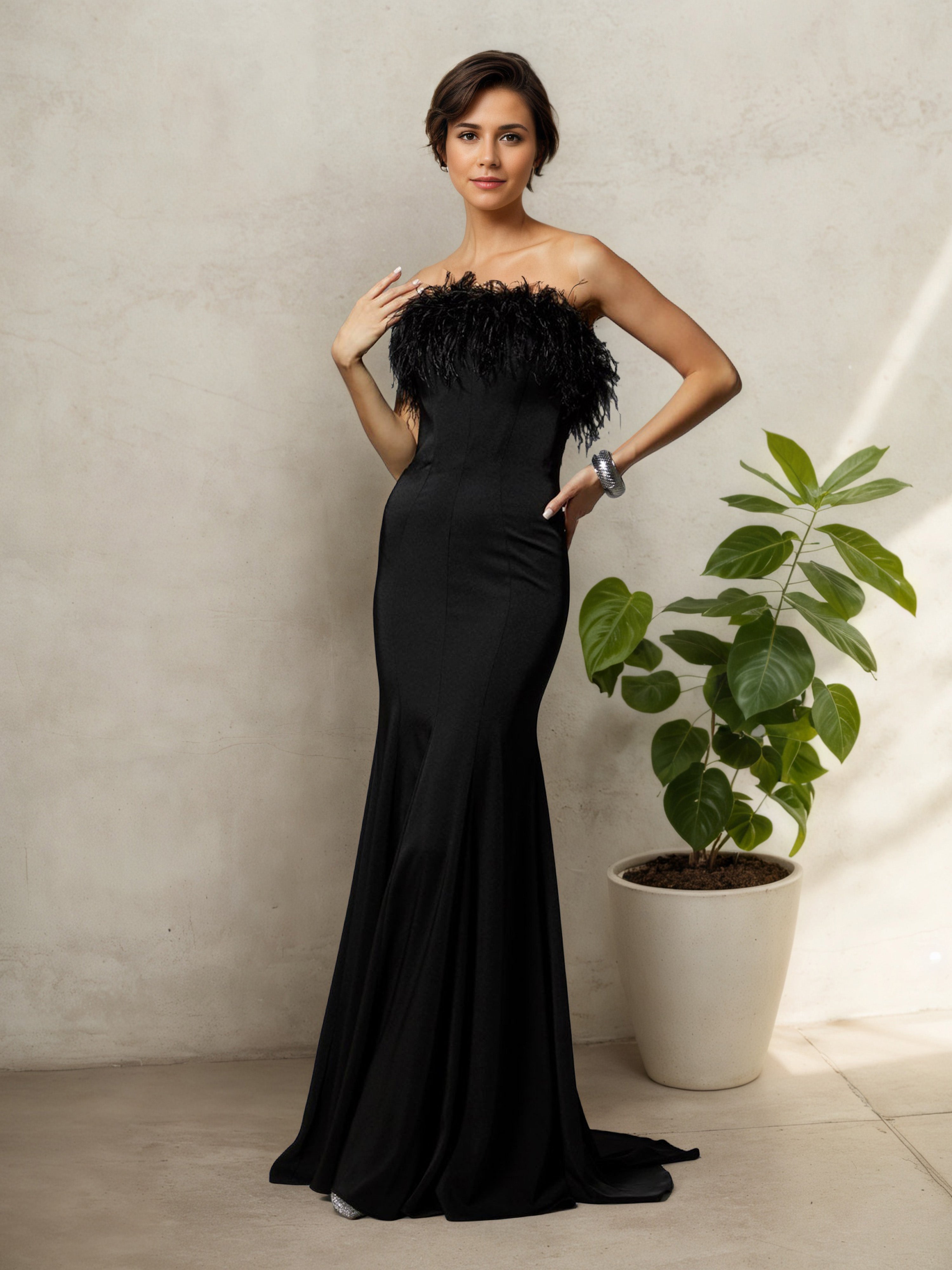 Robe Mère de la Mariée Noire Sans Bretelles à Illusion Traîne Balayage Sophistiquée