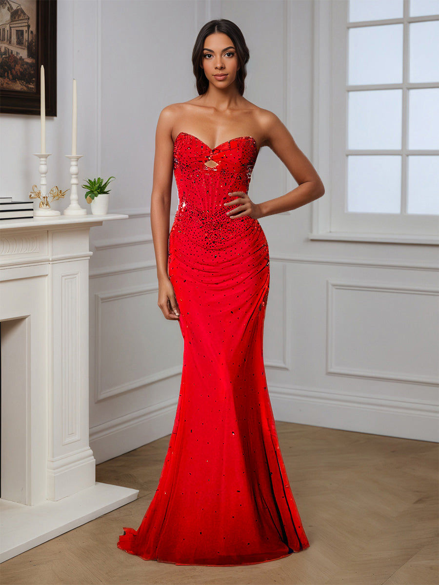 Cicinia Robe de Soirée Rouge Sirène Longue sans Bretelles avec Encolure Keyhole sans Manches