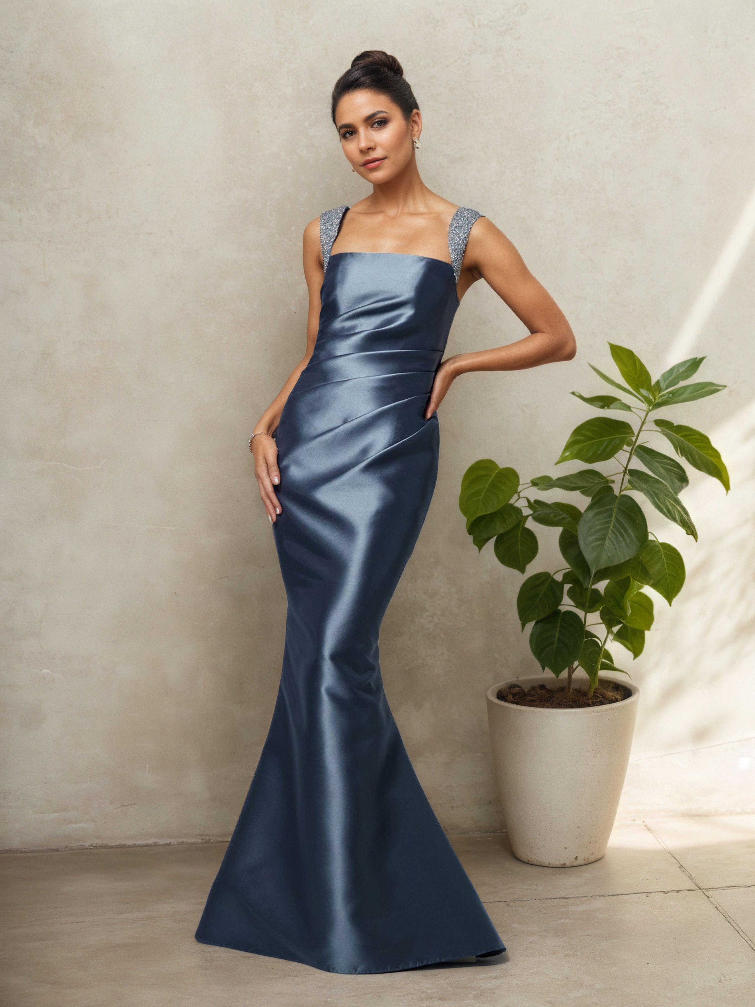 Robe Mère de la Mariée BLEU_DE_SCHISTE en Satin Encolure Carrée avec Traîne Balayage