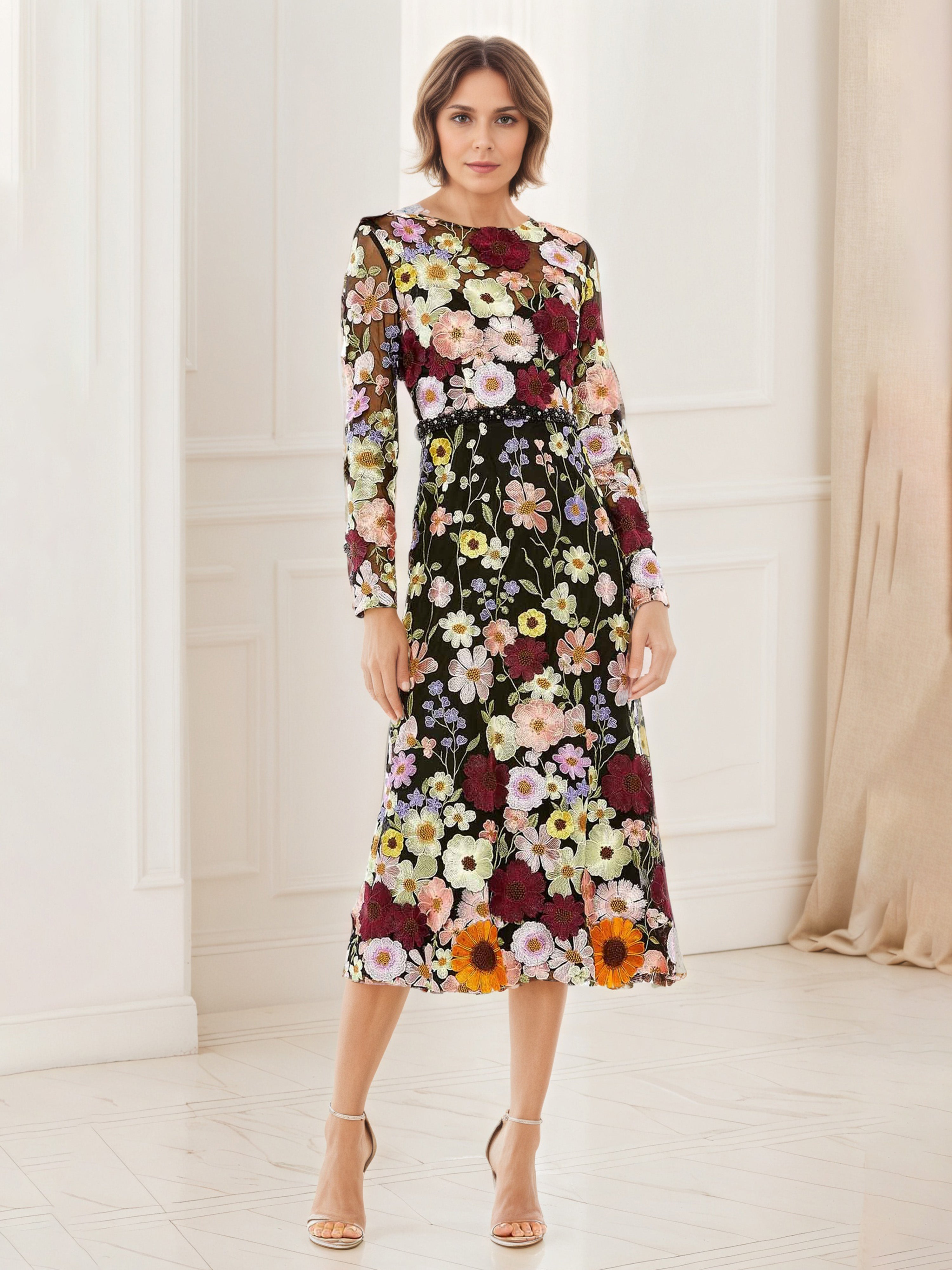Robe de Soirée Noire Florale Col ras du cou Robe Mi-longue Fourreau/Colonne à Manches Longues