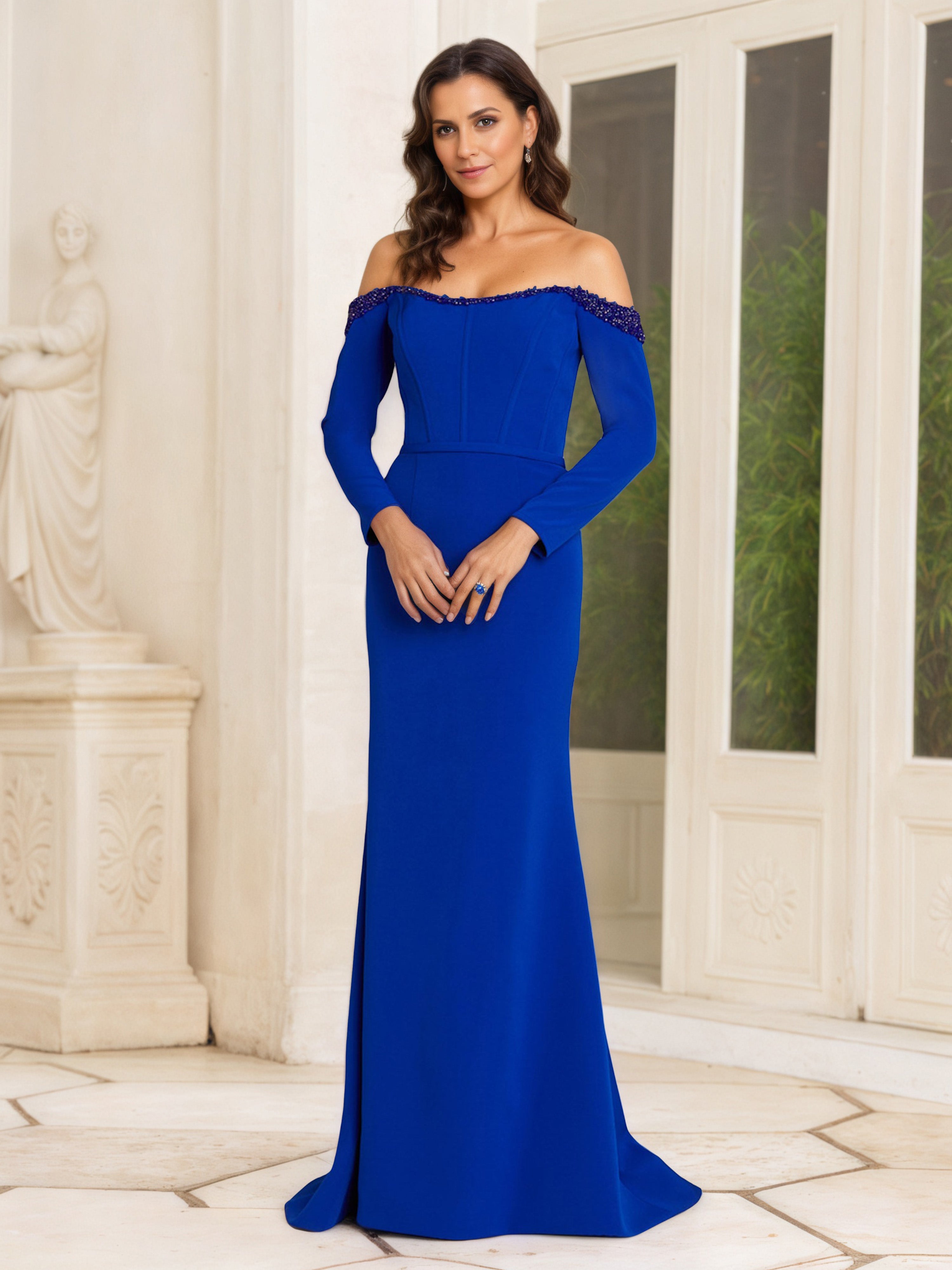 Robe Mère de la Mariée BLEU_ROYALE Fourreau/Colonne à Épaules Dénudées Manches Longues