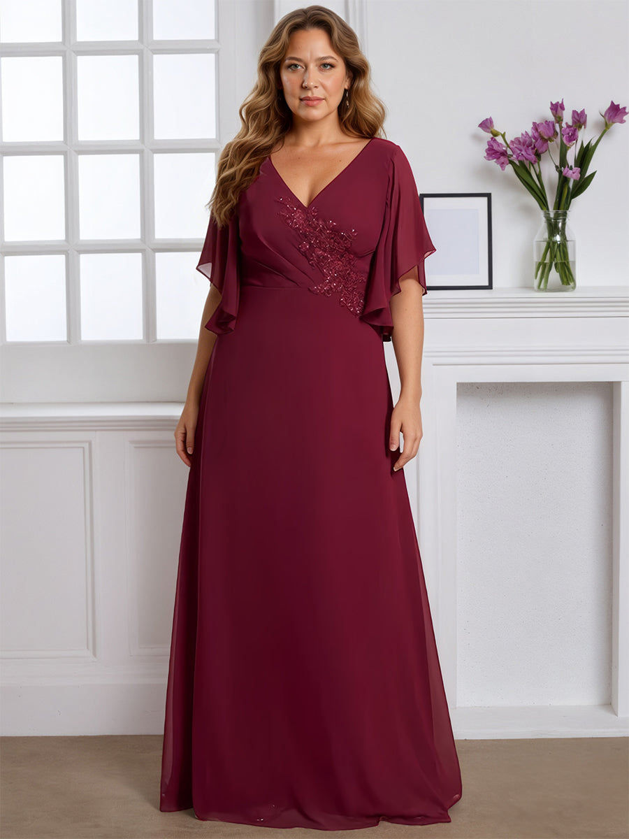 Cicinia Robe pour Mère de la Mariée BORDEAUX Longue A-Line en Mousseline Manches Papillons Longueur Sol Grande Taille