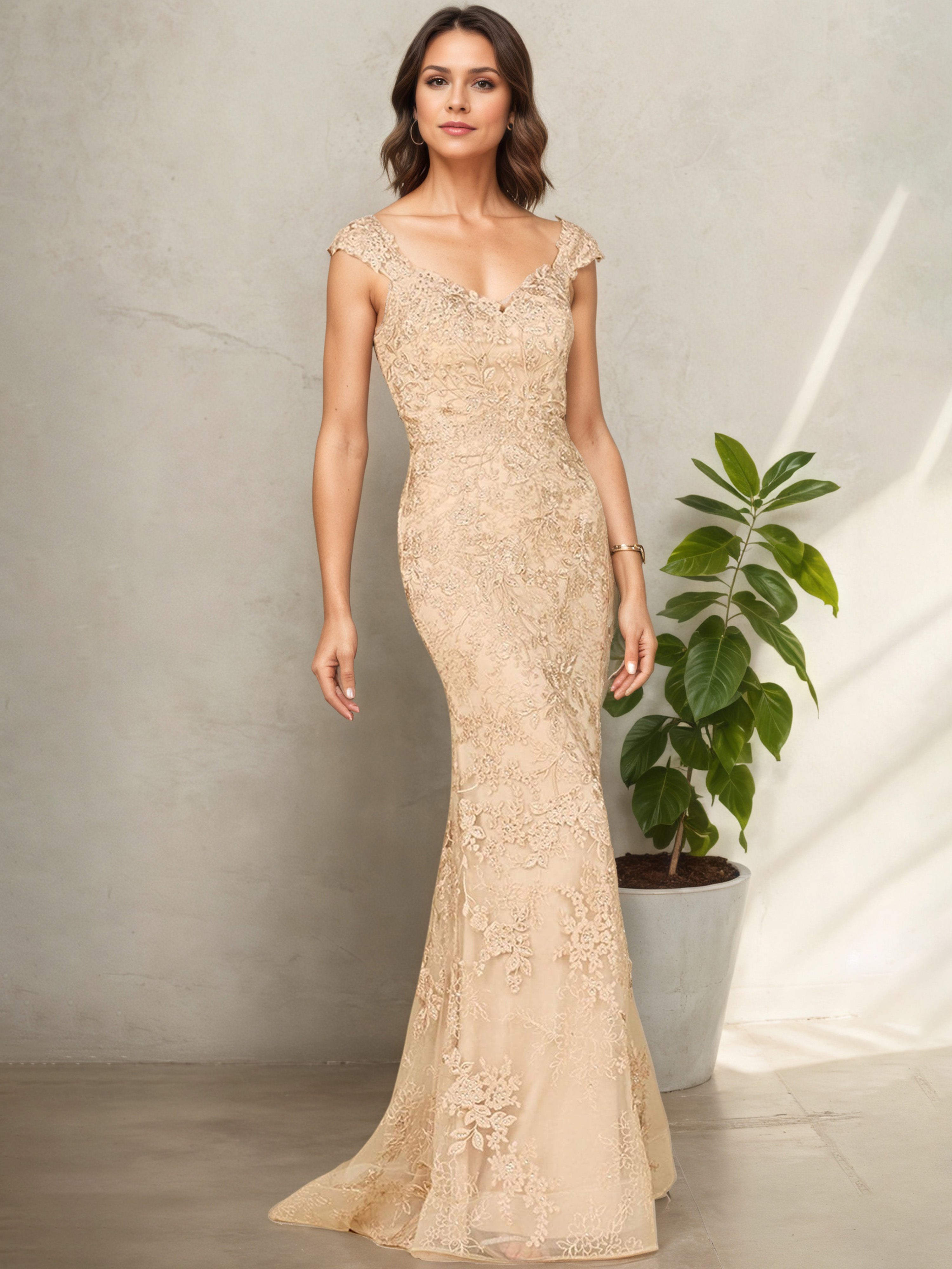 Robe Mère de la Mariée Longue CHAMPAGNE Élégante en Dentelle Manches Ballon Sophistiquées