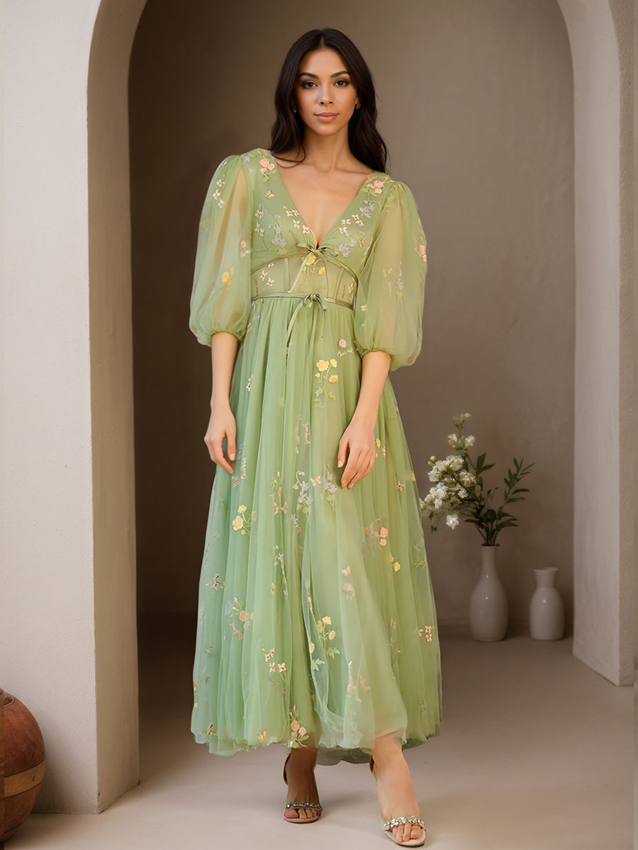 Cicinia Sauge Poussiéreux Robe de Soirée Longue en Tulle A-Line Décolleté en V Longueur Cheville en Dentelle