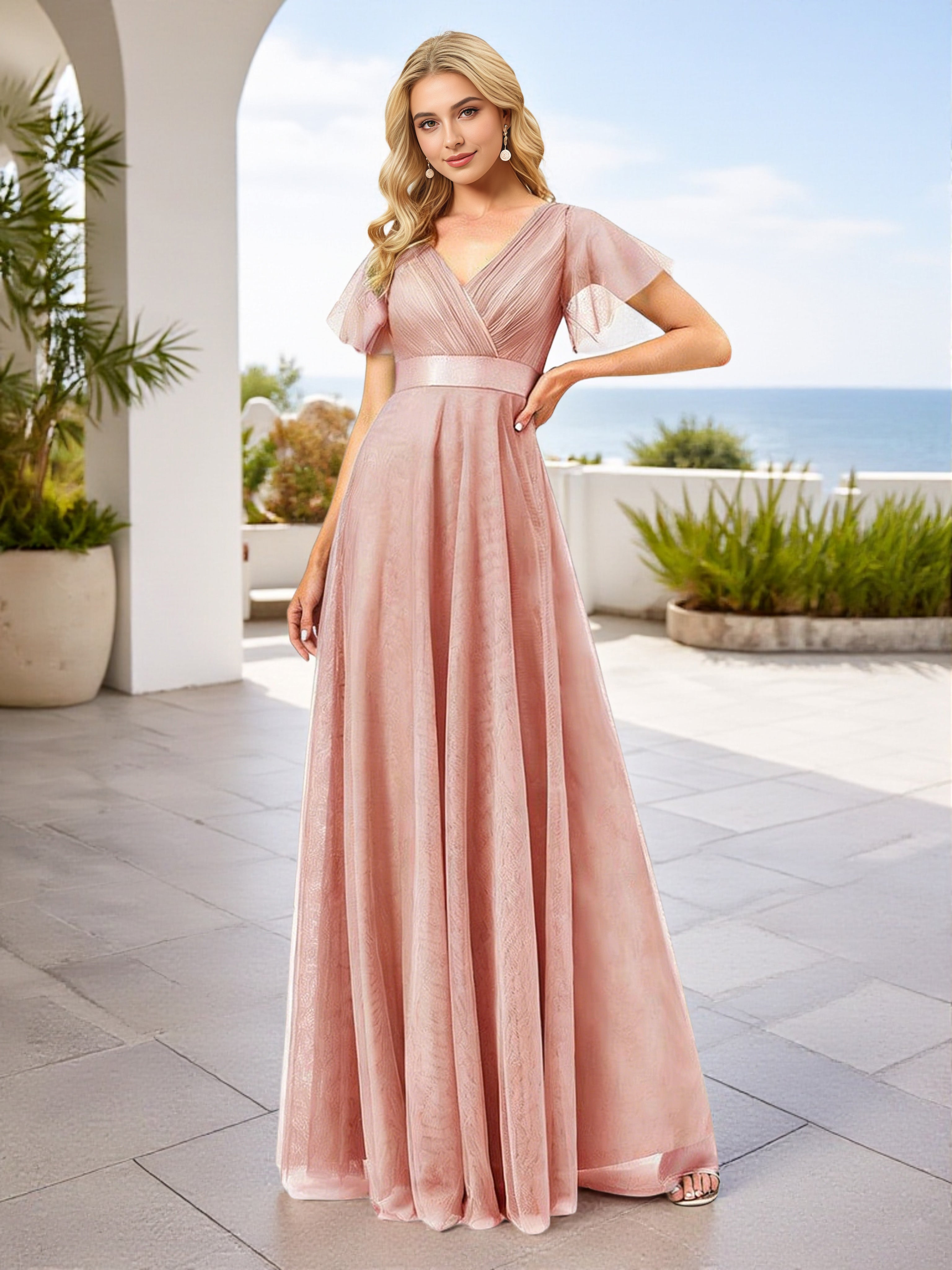 Cicinia Robe Demoiselle d’Honneur Rose Poudrée Longue Double Décolleté en V Manches Courtes