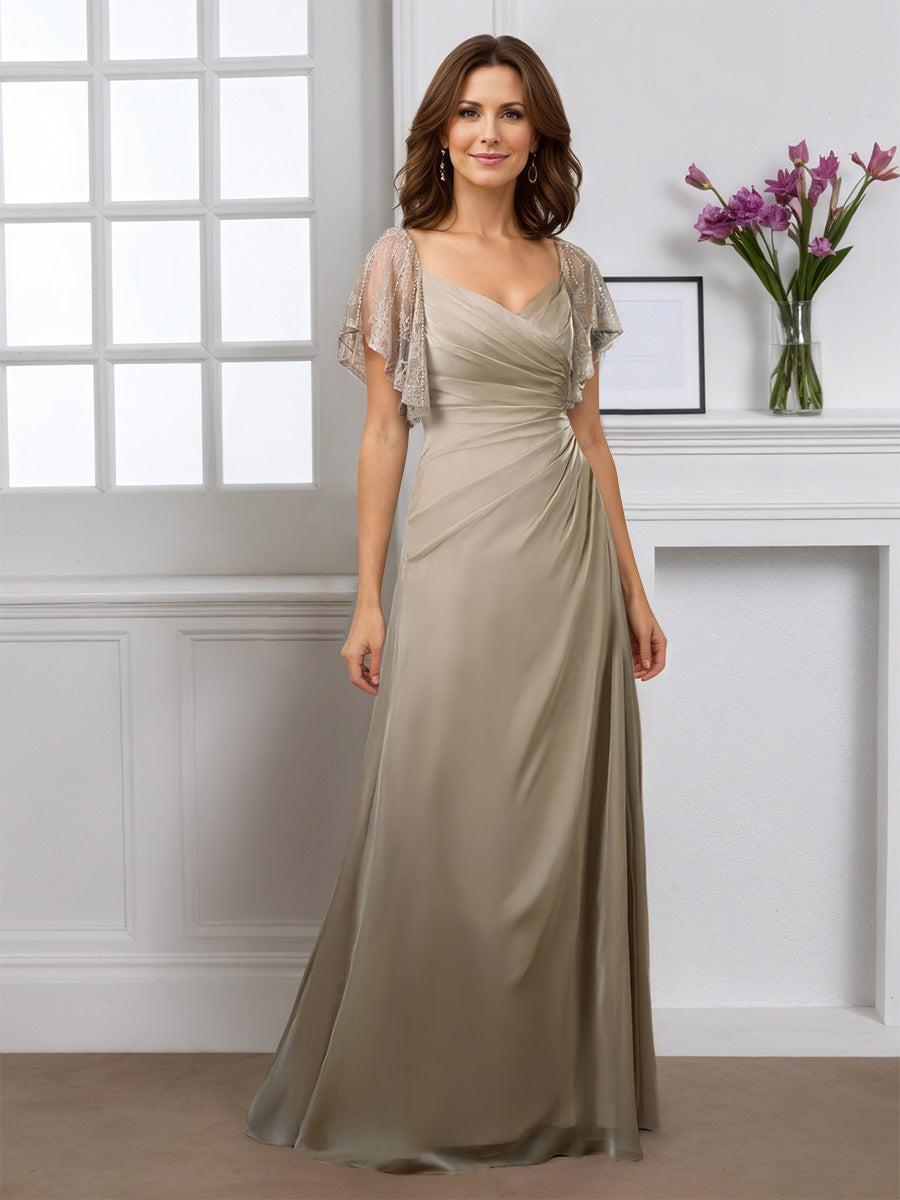 Cicinia Argent Robe pour Mère de la Mariée Longue A-Line en Mousseline Dentelle Longueur Sol